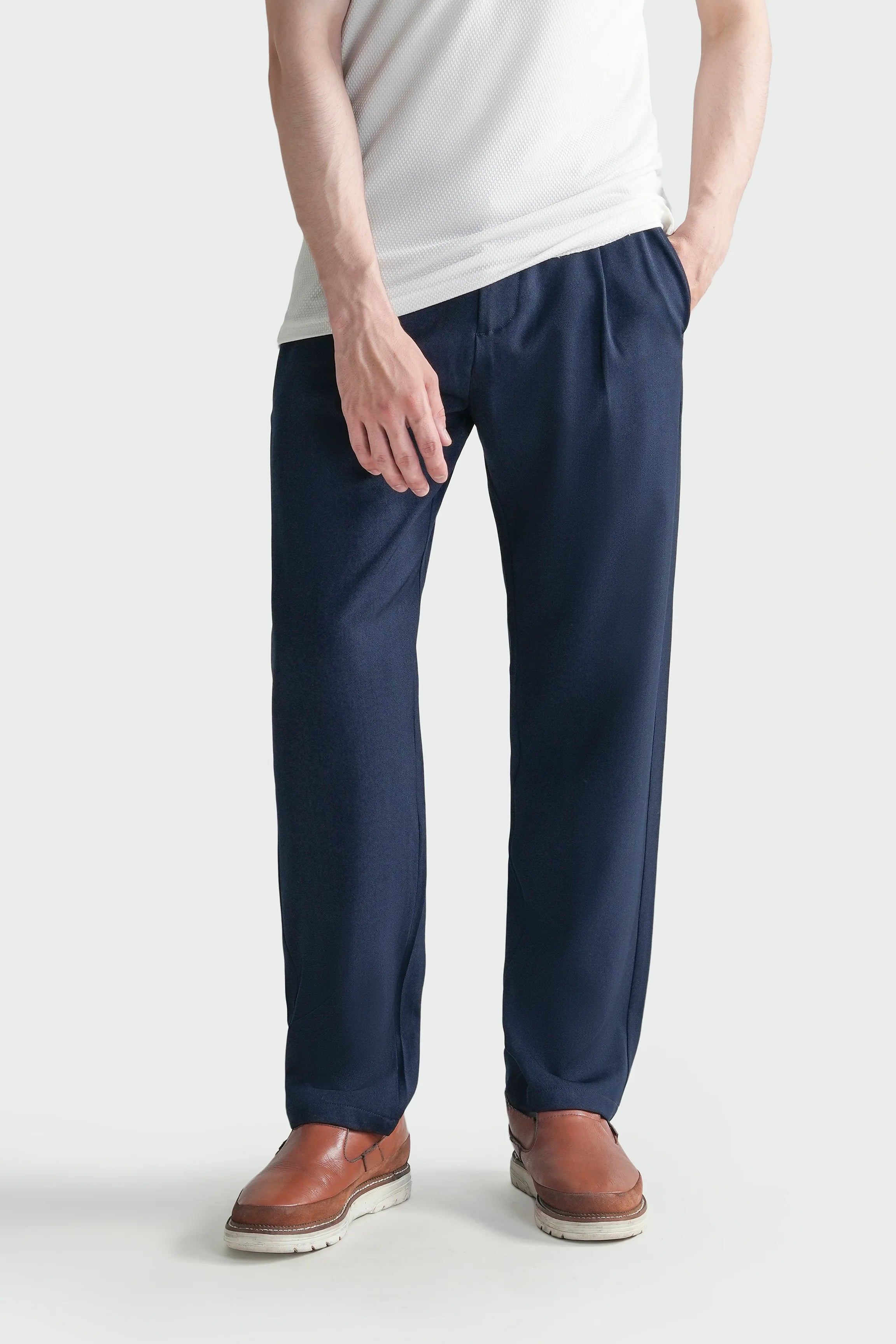 Blue straight-leg casual pants with pleated front and cuffed ankles