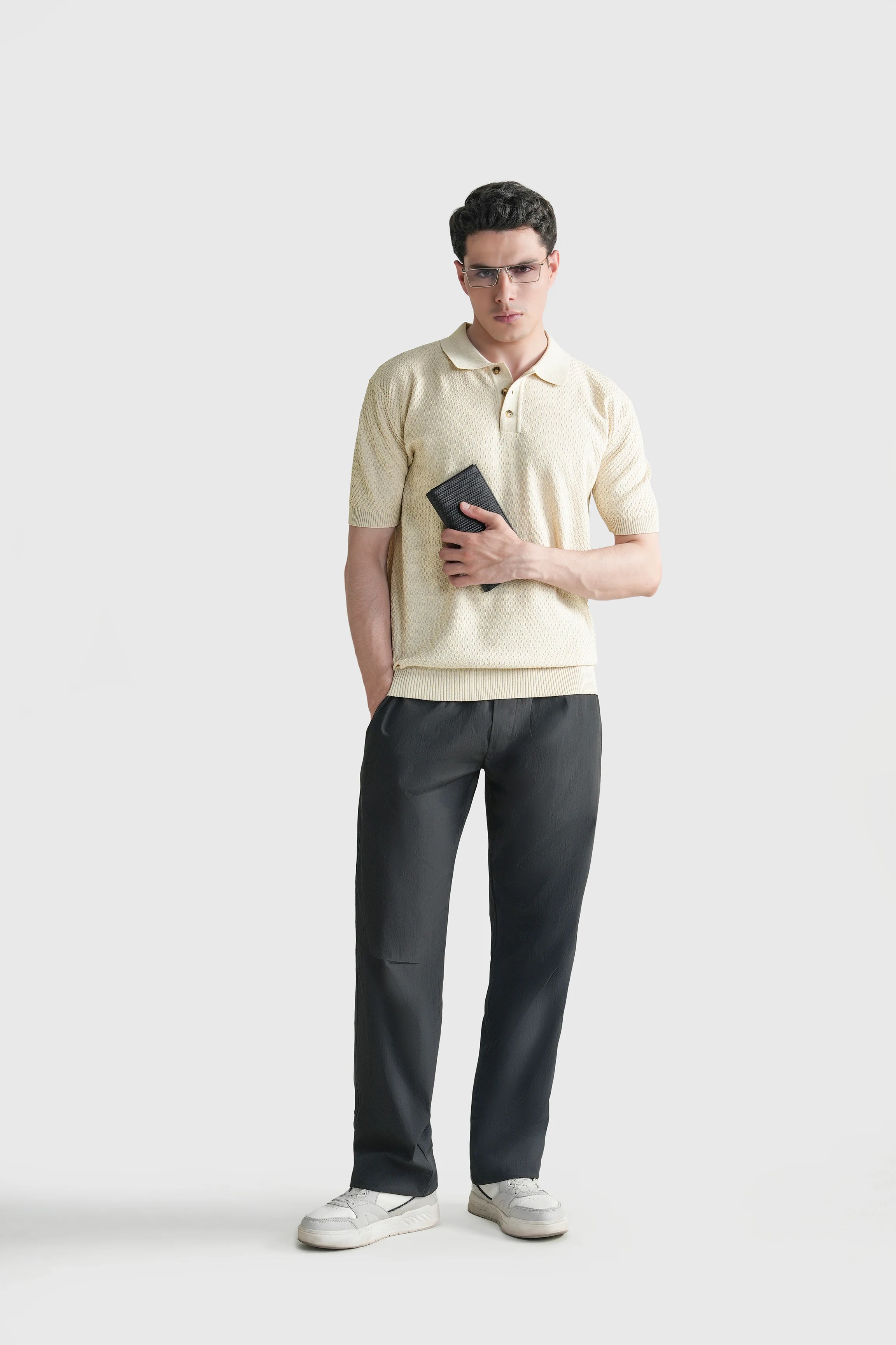 SWEATER KNIT SELF TEXTURED POLO WHITE