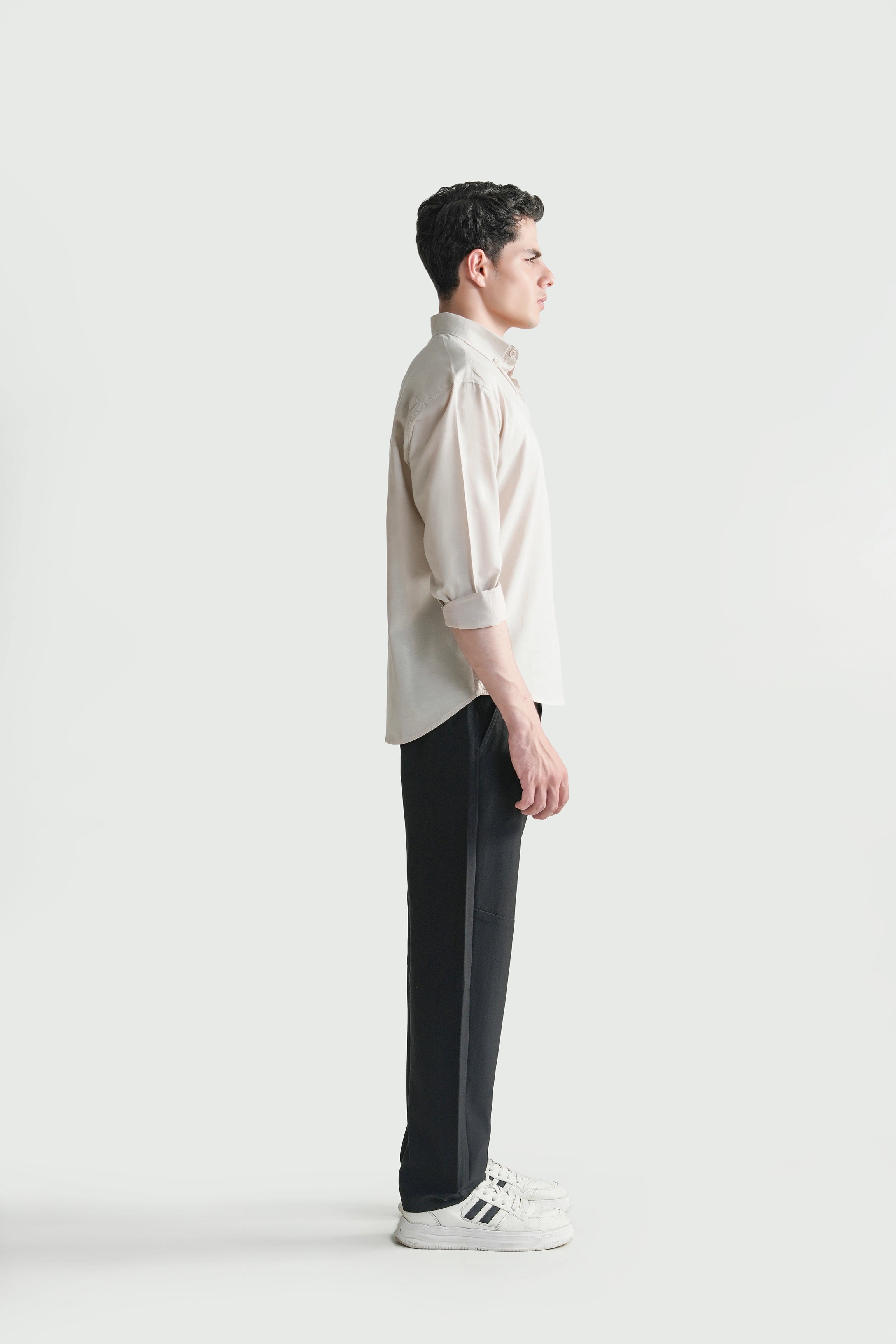 Khaki button-down regular fit casual shirt, side view, long sleeves.