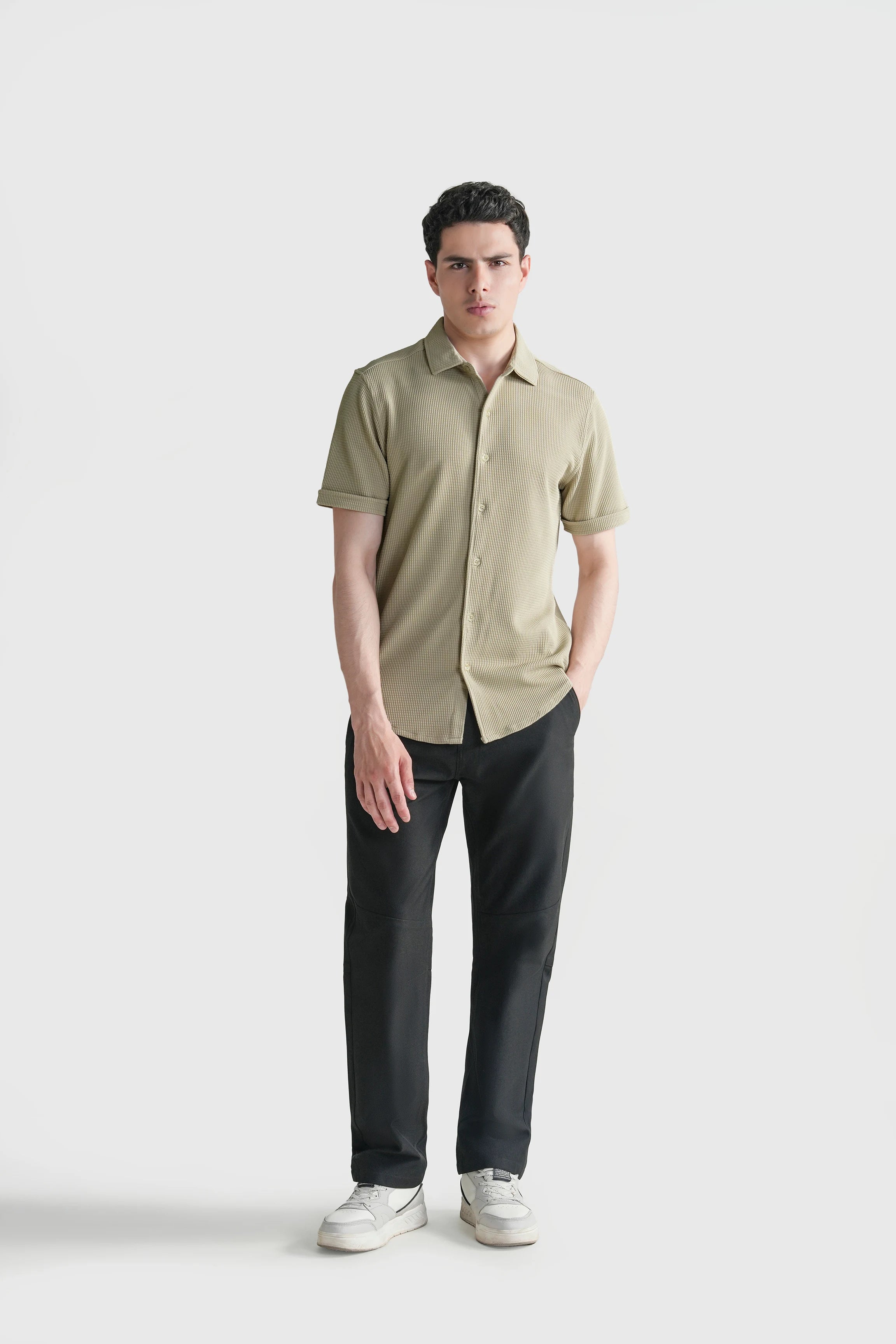 Khaki self-textured casual button-up shirt with short sleeves and open collar