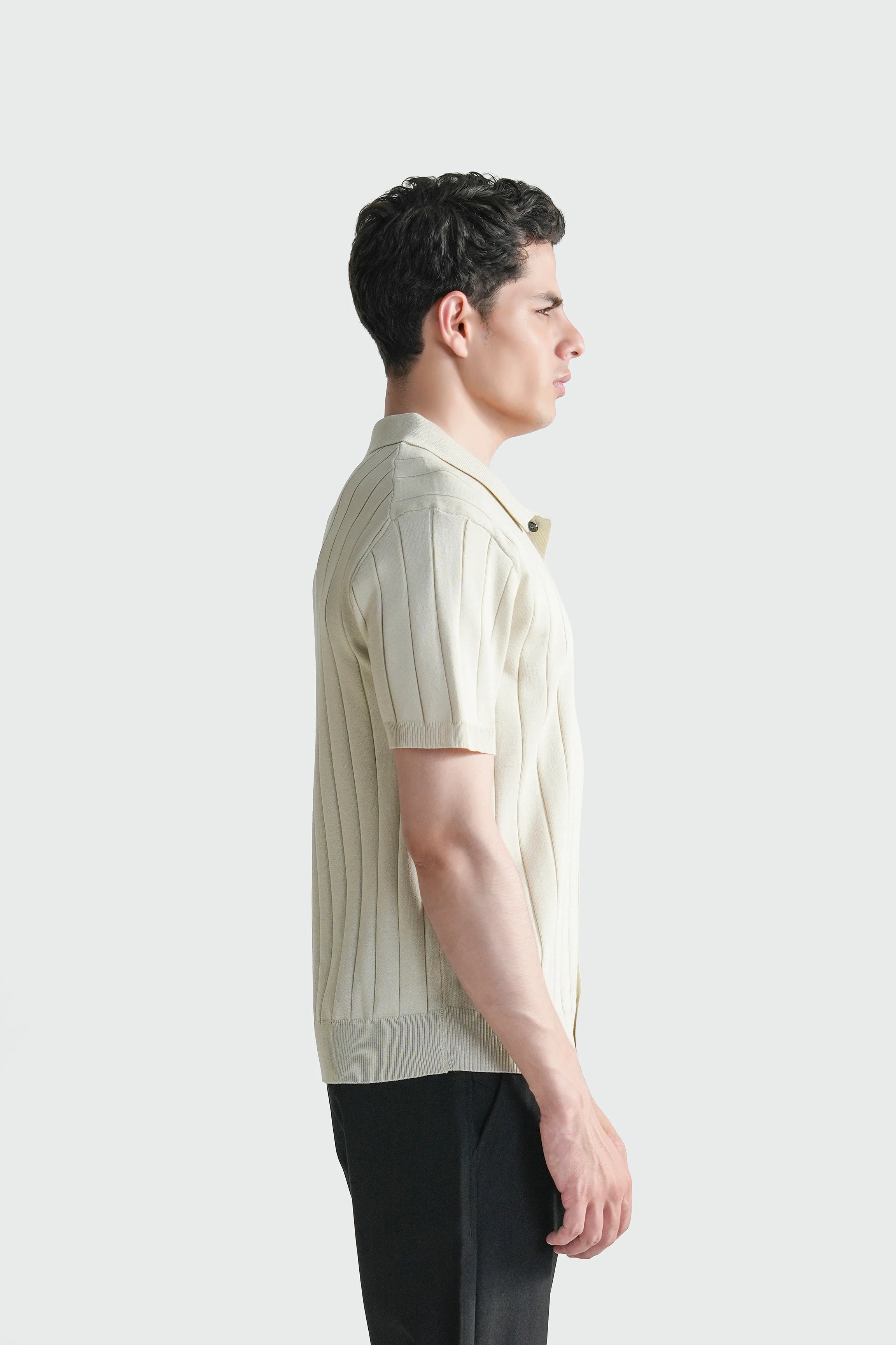 HALF SLEEVE CABLE KNIT CASUAL SHIRT  BEIGE
