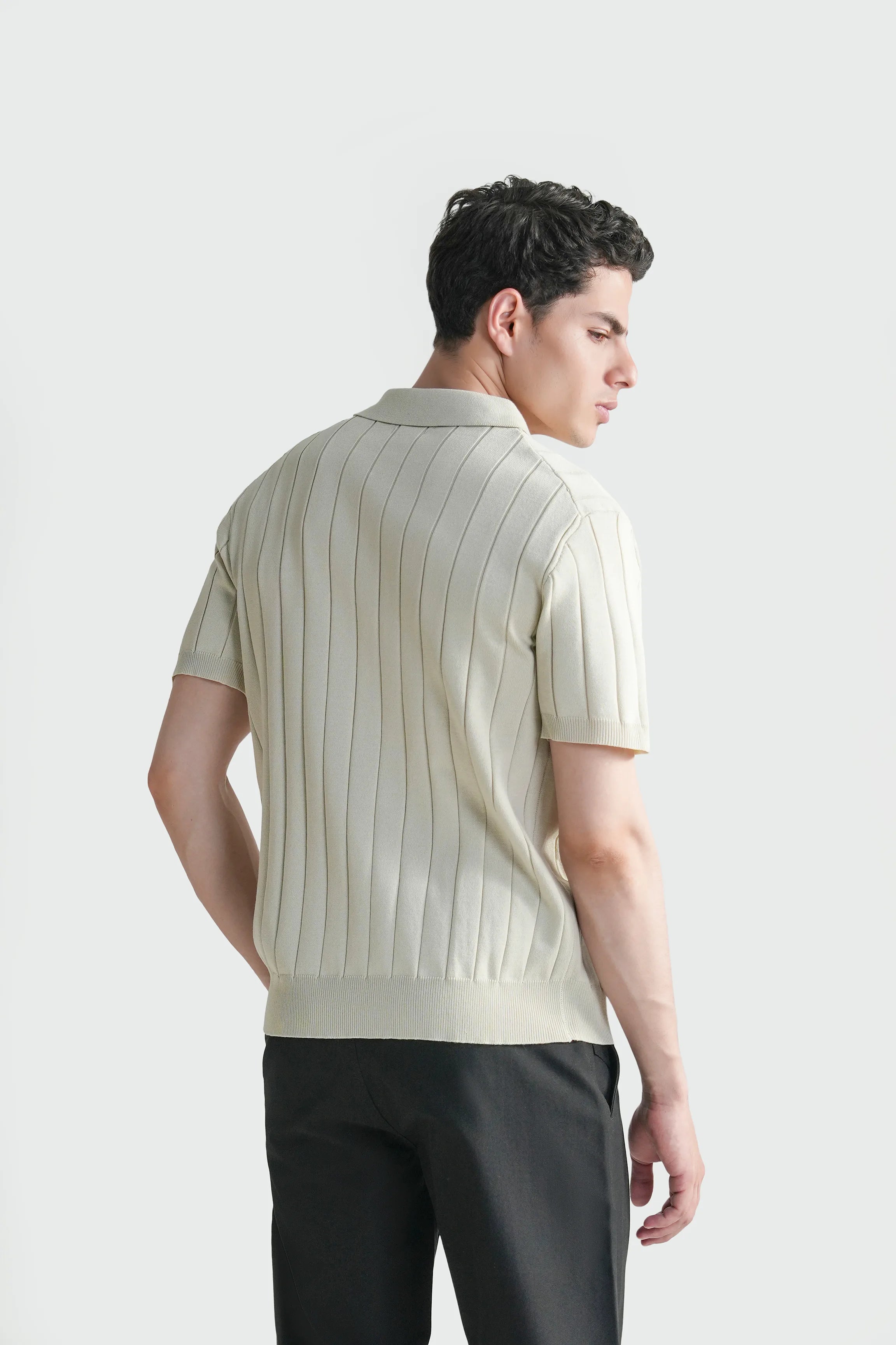 HALF SLEEVE CABLE KNIT CASUAL SHIRT  BEIGE