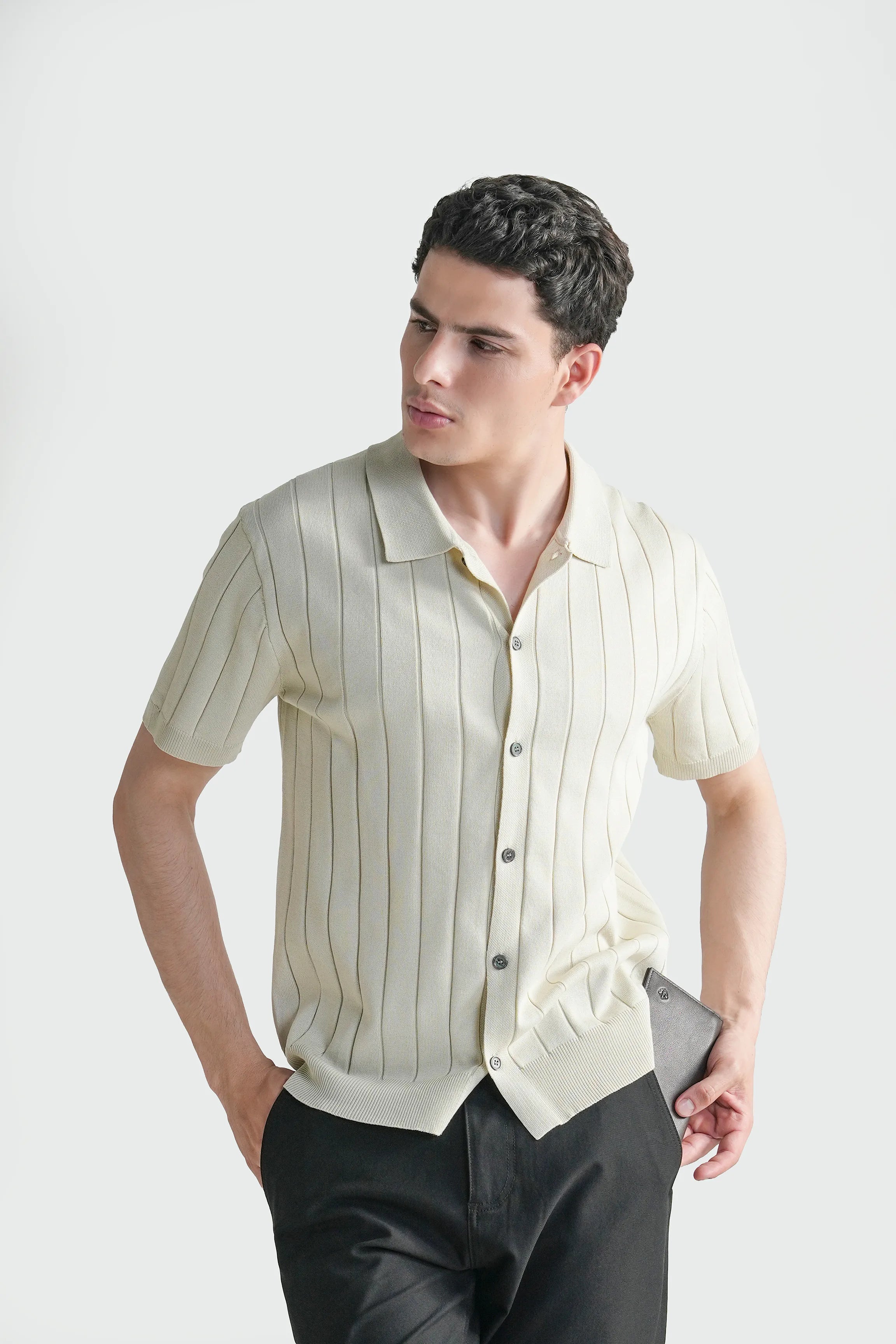 HALF SLEEVE CABLE KNIT CASUAL SHIRT  BEIGE