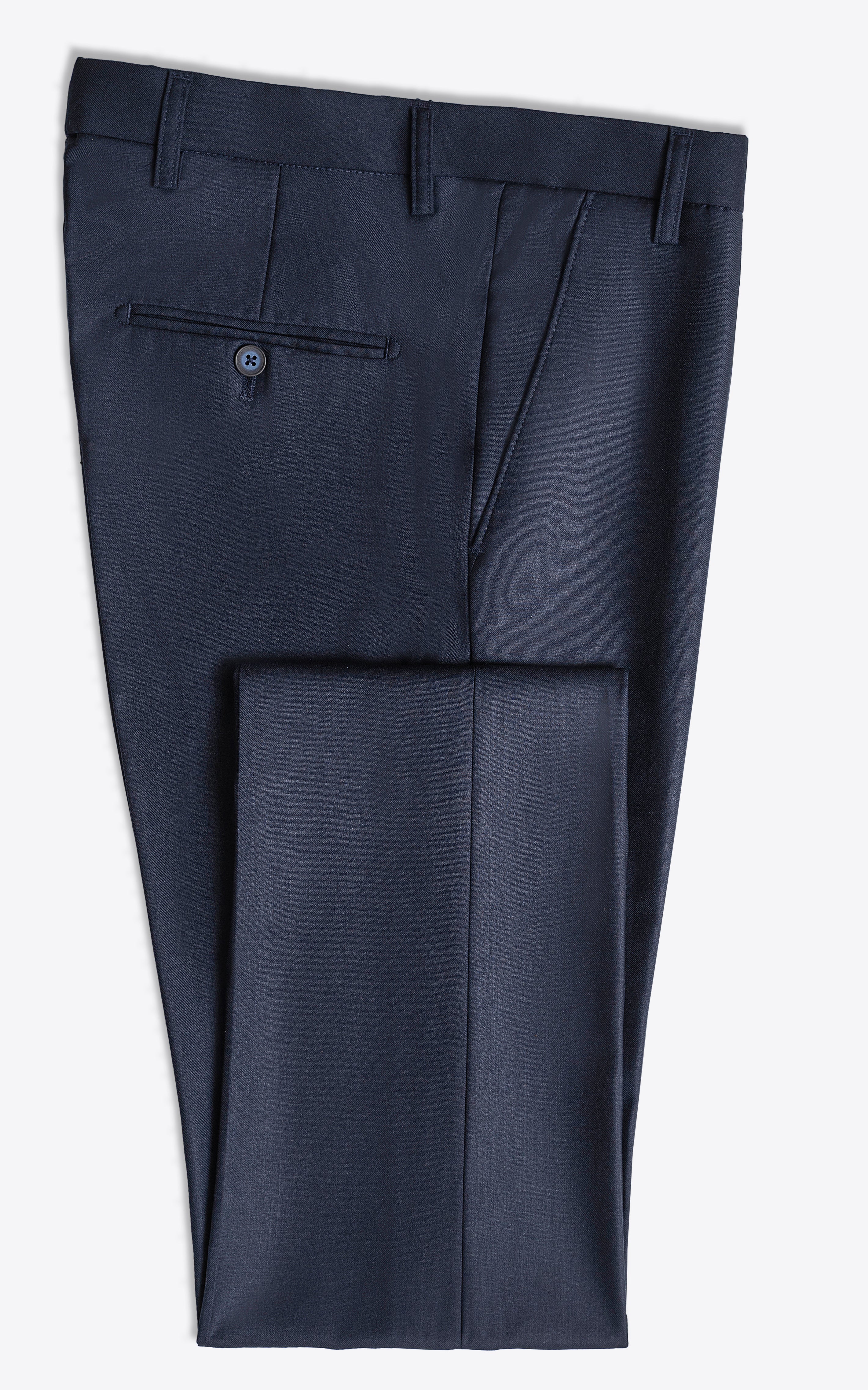 Navy dress pants flat lay with center crease and pleat detail