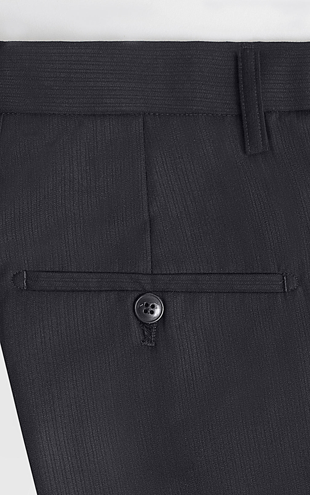 Black waistband with belt loops and button front closure