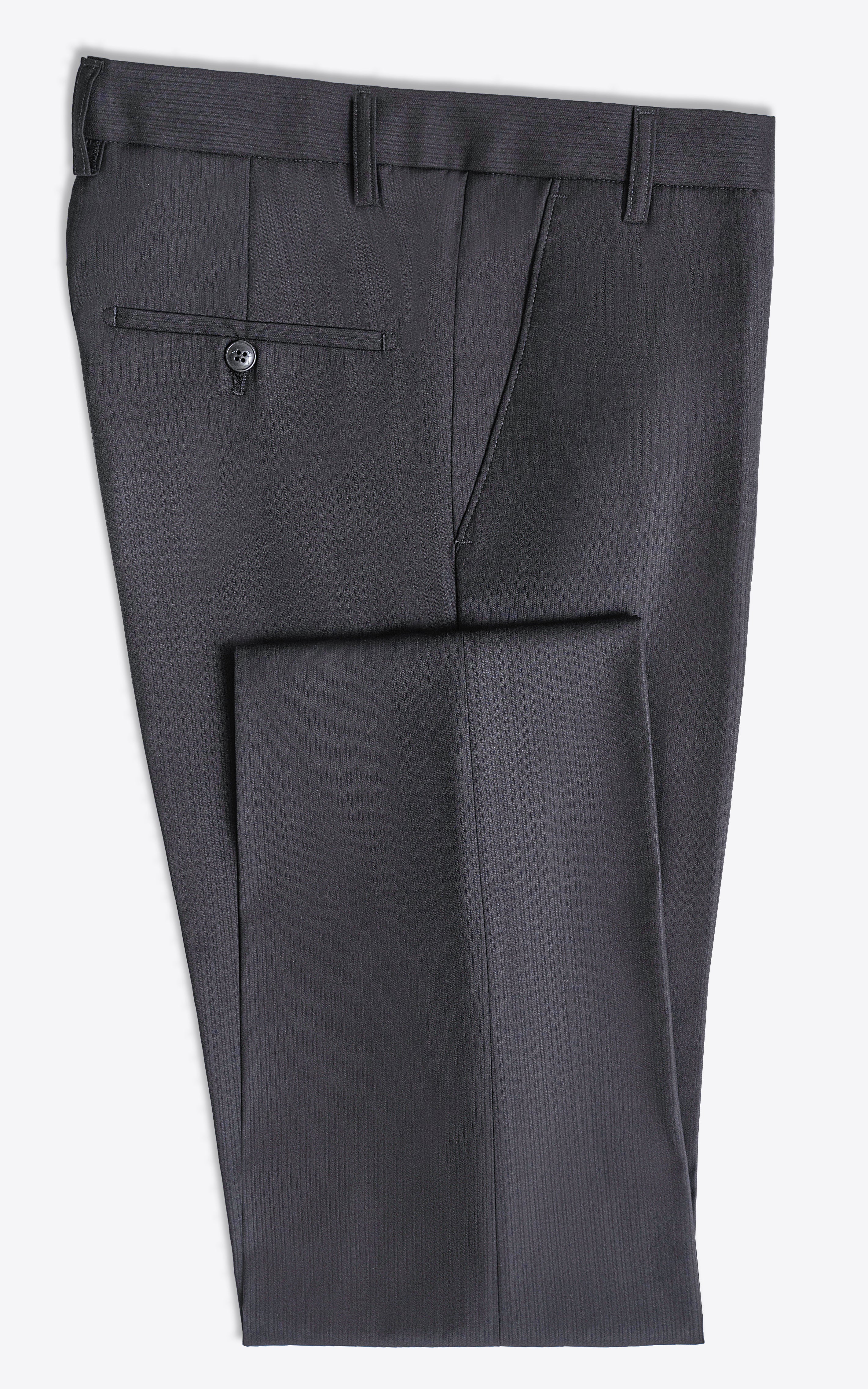 Black dress pants with front crease, slanted pockets, and belt loops