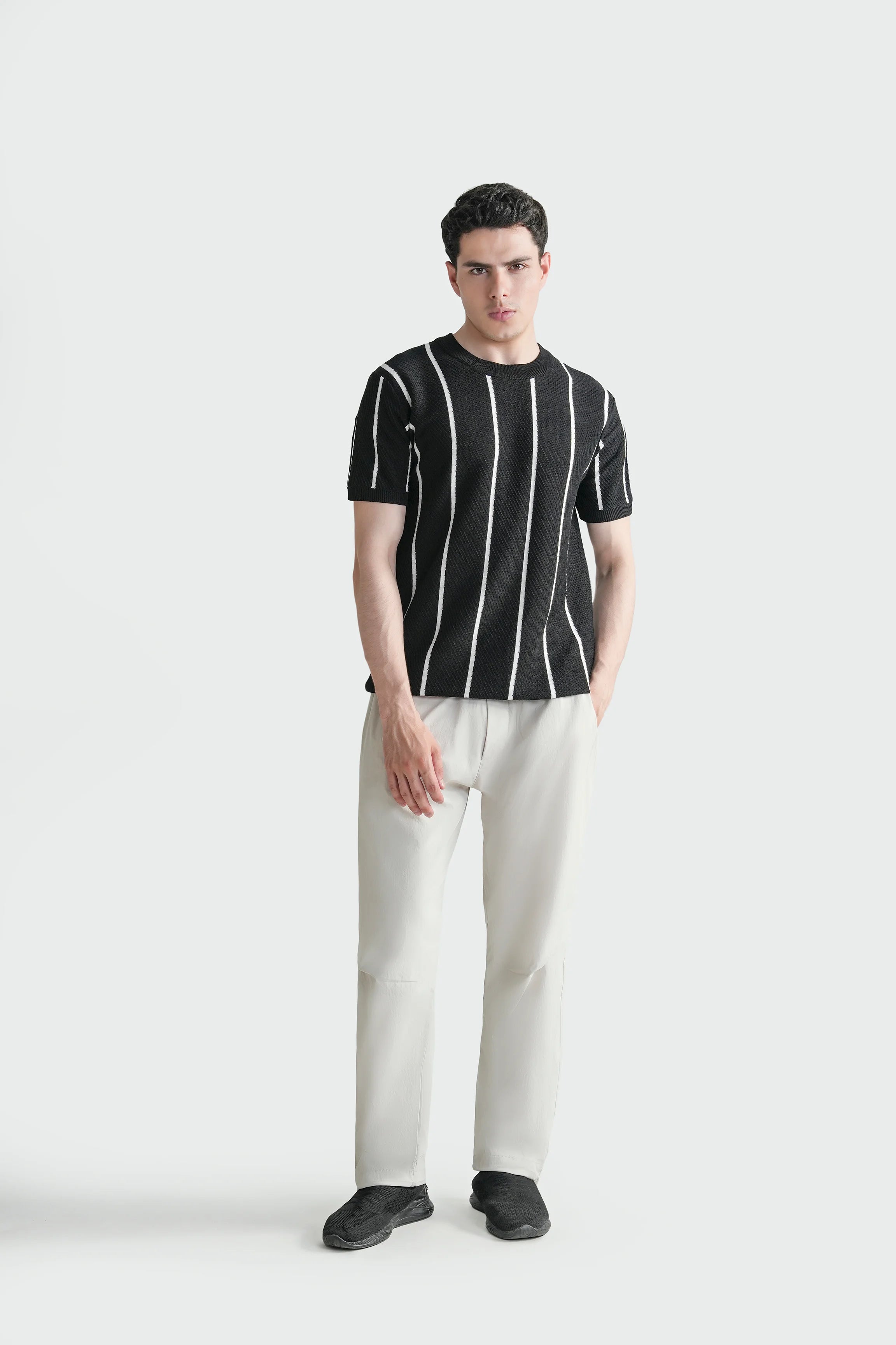 SWEATER KNIT SELF STRIPED CREW NECK T-SHIRT BLACK