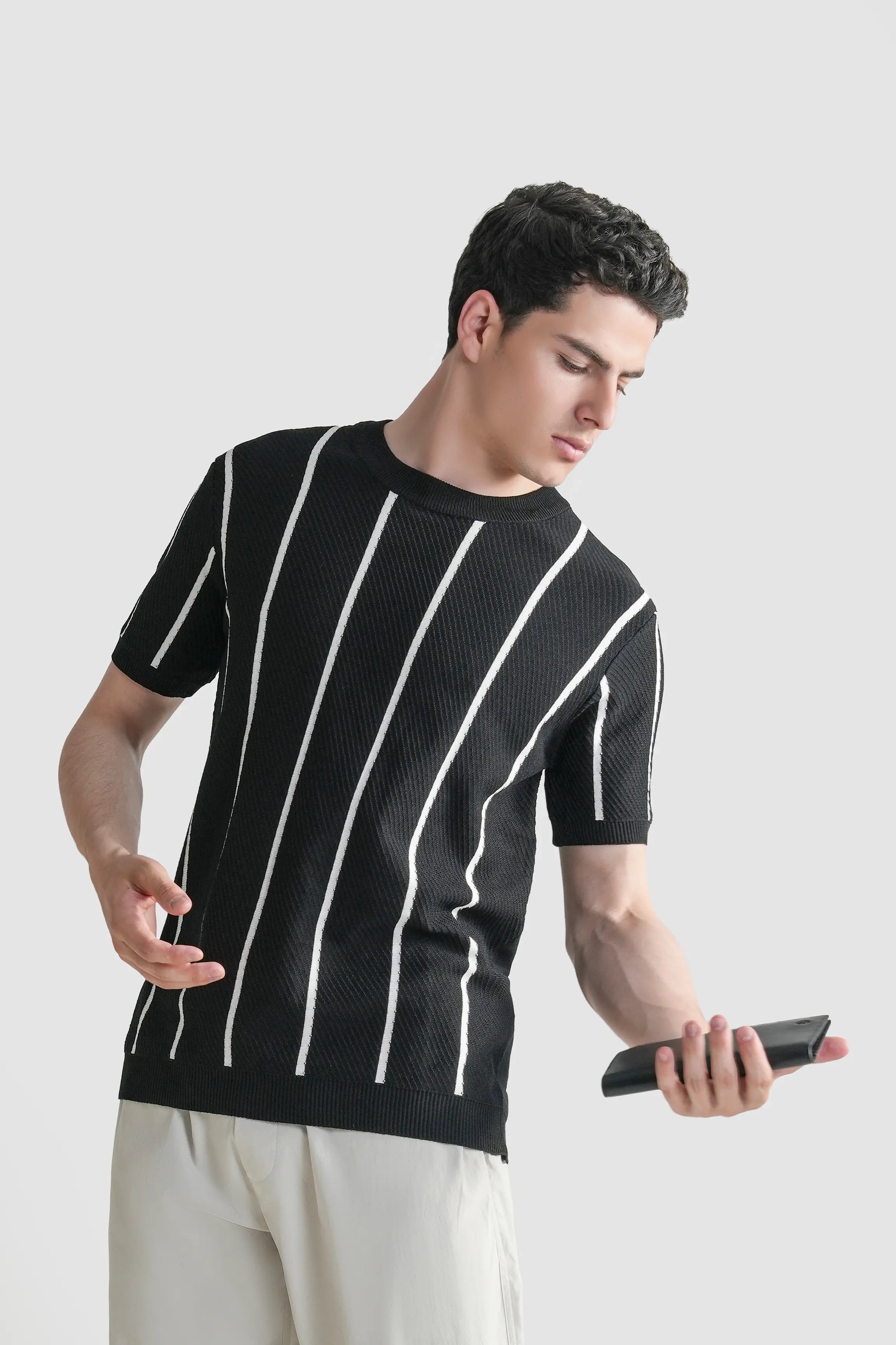 SWEATER KNIT SELF STRIPED CREW NECK T-SHIRT BLACK