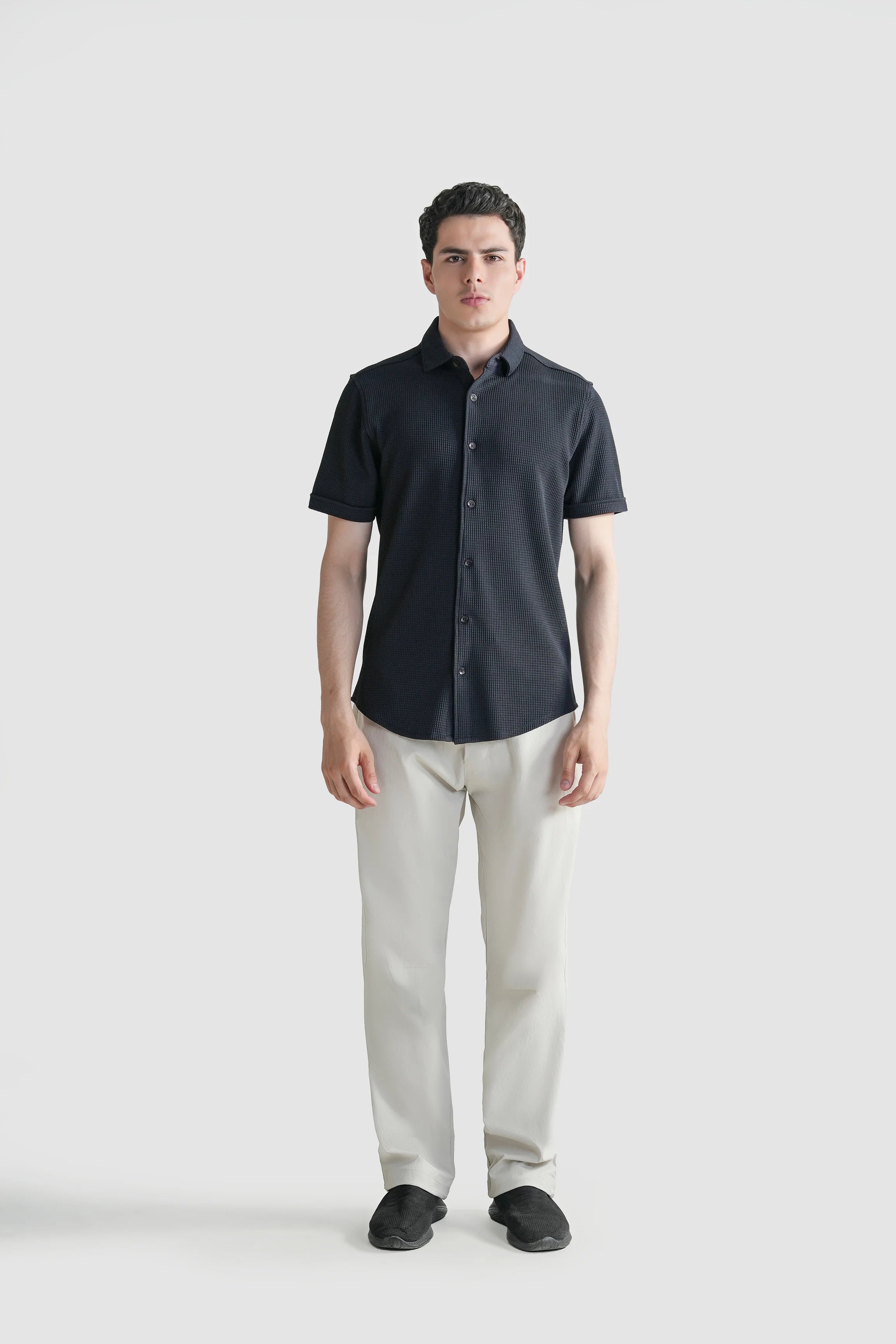 Navy self-textured casual shirt with button front and short sleeves