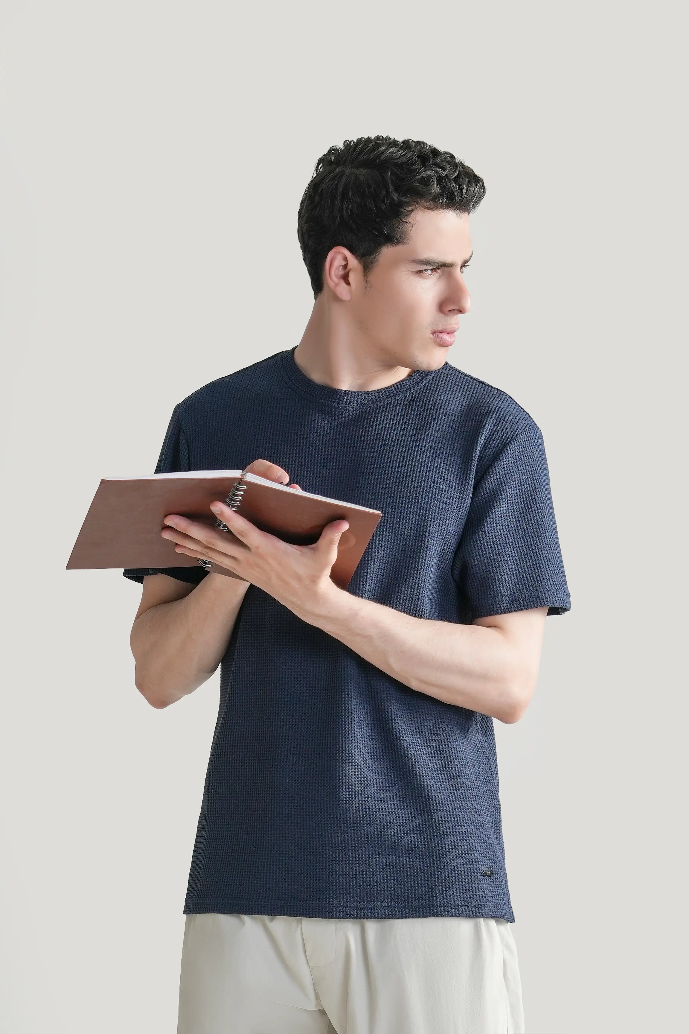 REGULAR FIT WAFFLE CREW NECK T SHIRT NAVY