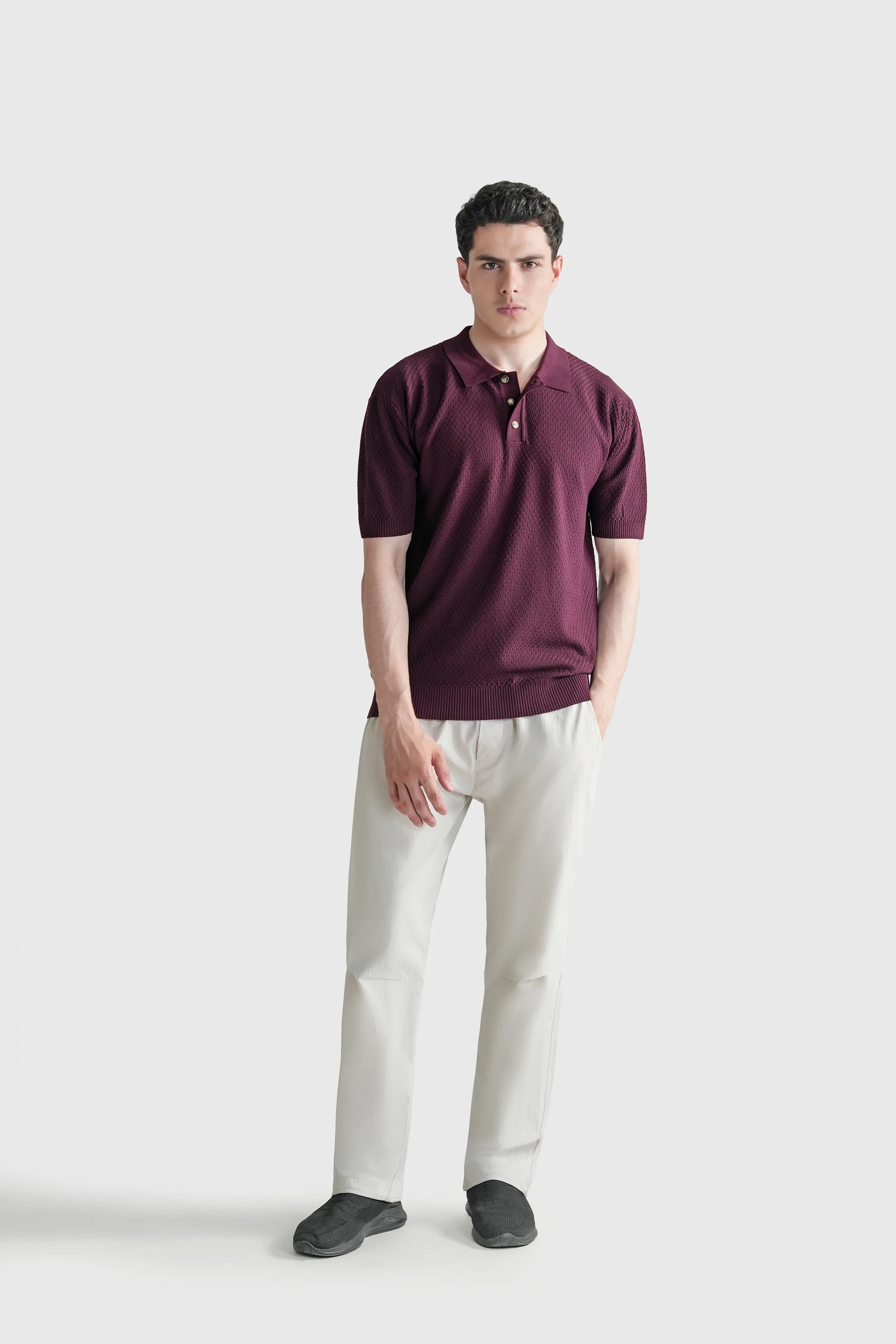 SWEATER KNIT SELF TEXTURED POLO BURGUNDY