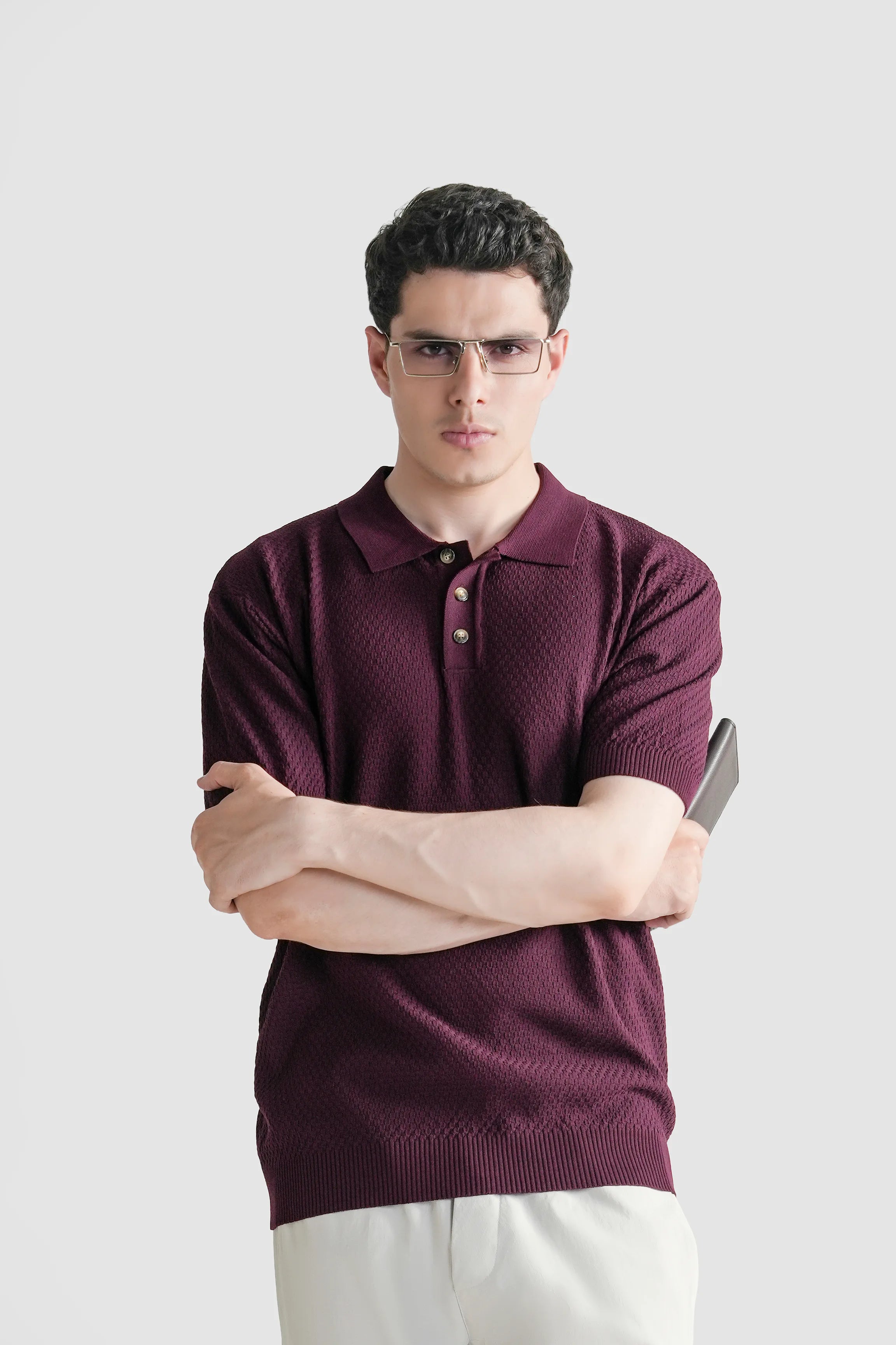 SWEATER KNIT SELF TEXTURED POLO BURGUNDY