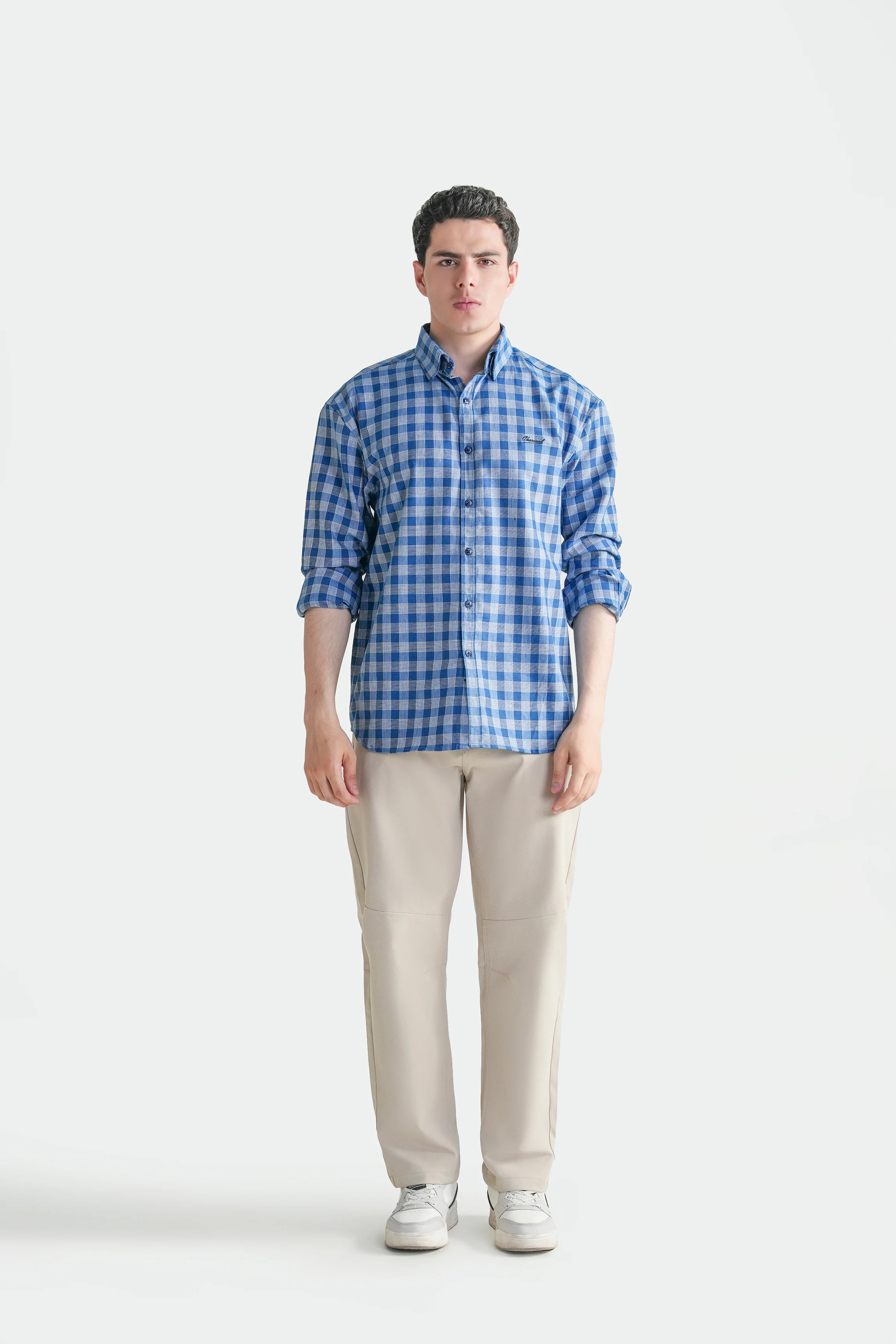 Blue and white checkered button-down casual shirt with long sleeves