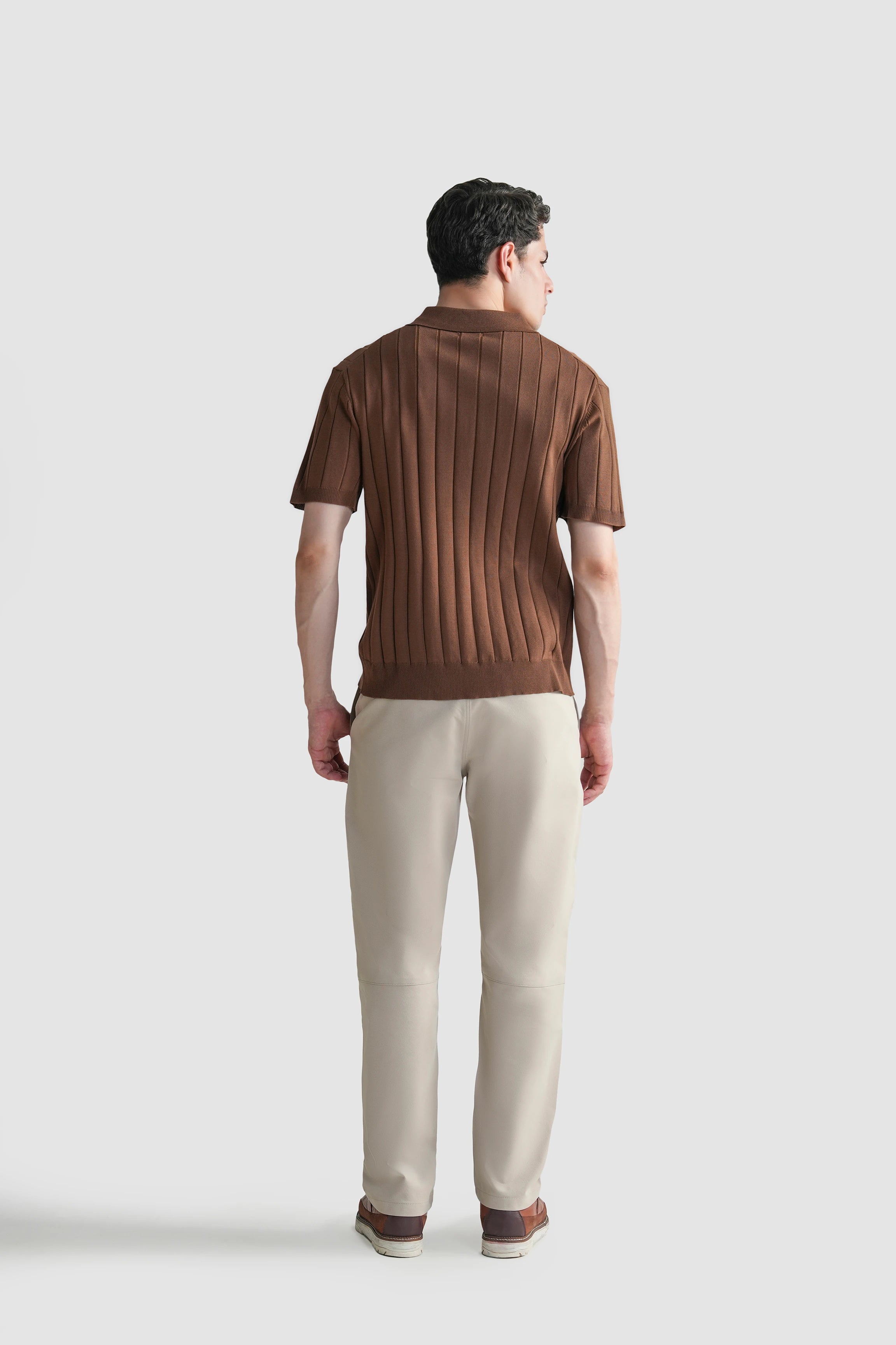 HALF SLEEVE CABLE KNIT CASUAL SHIRT BROWN