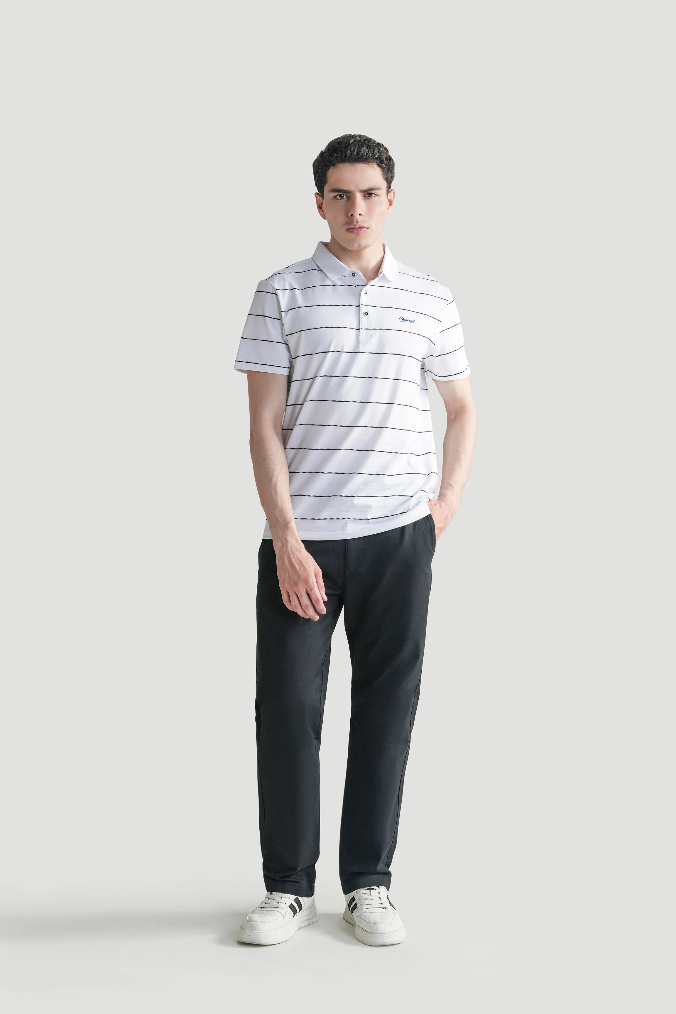 White striped polo shirt with short sleeves and button placket