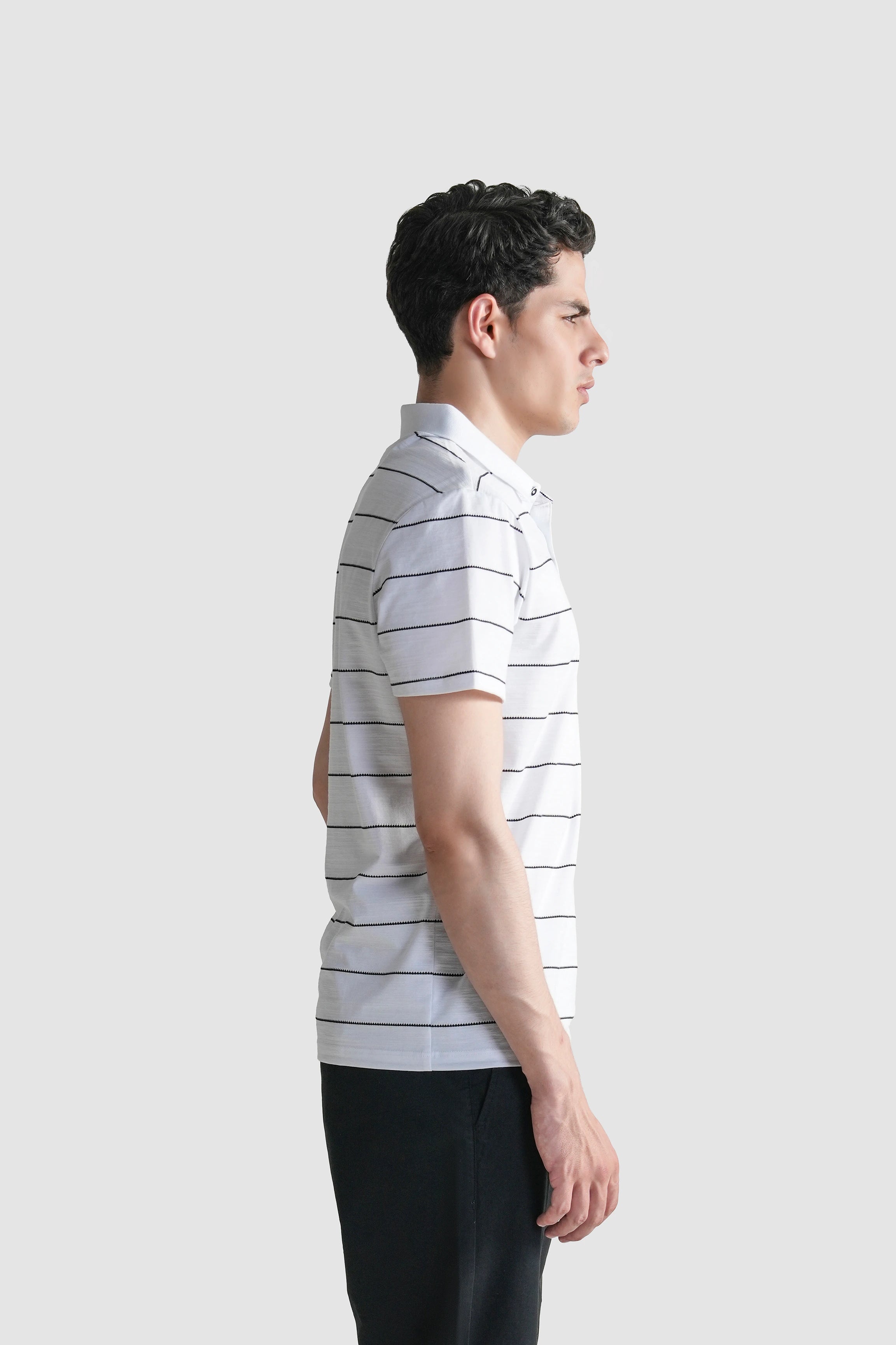 White striped polo shirt with short sleeves and ribbed collar