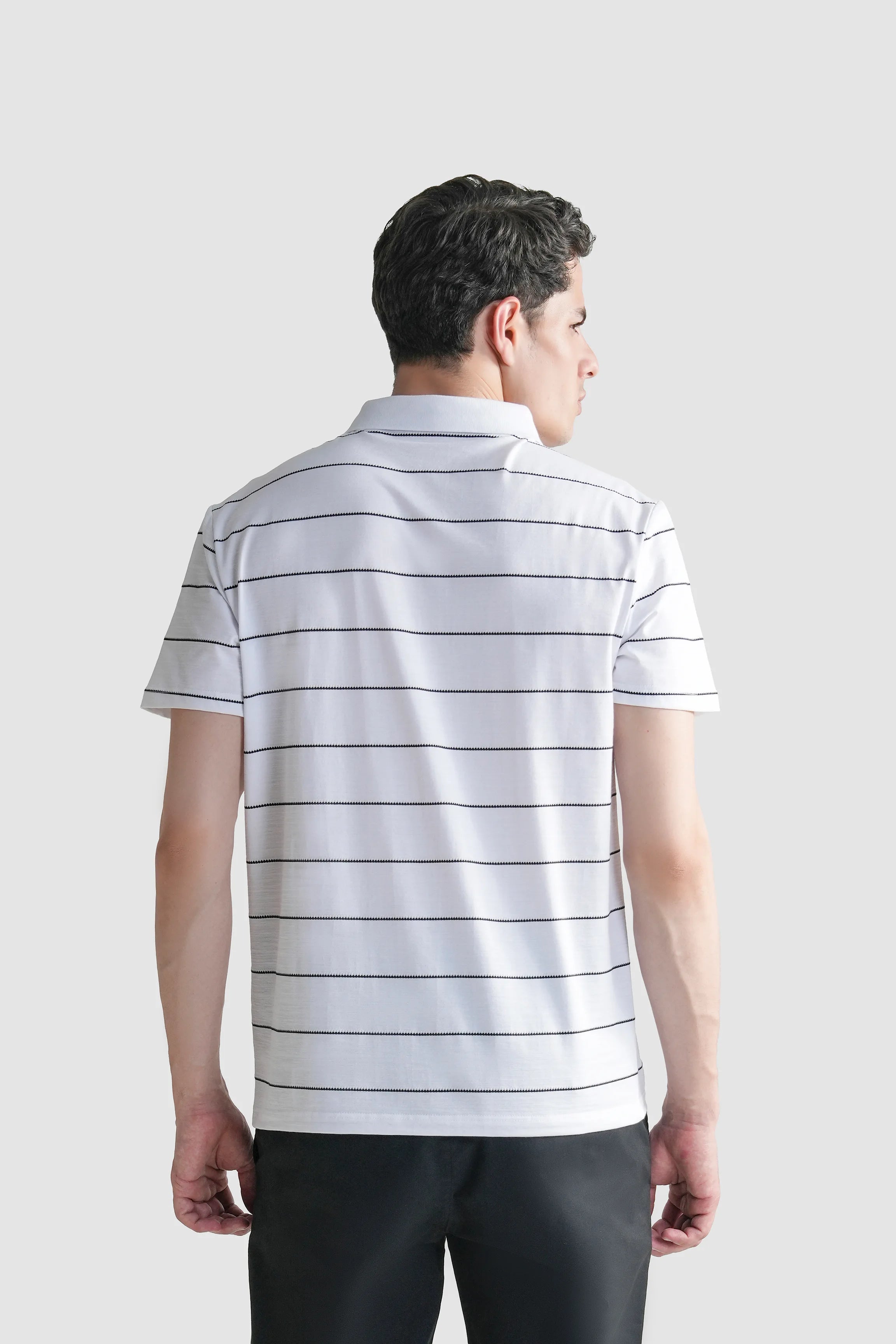 White striped polo shirt, back view with ribbed collar