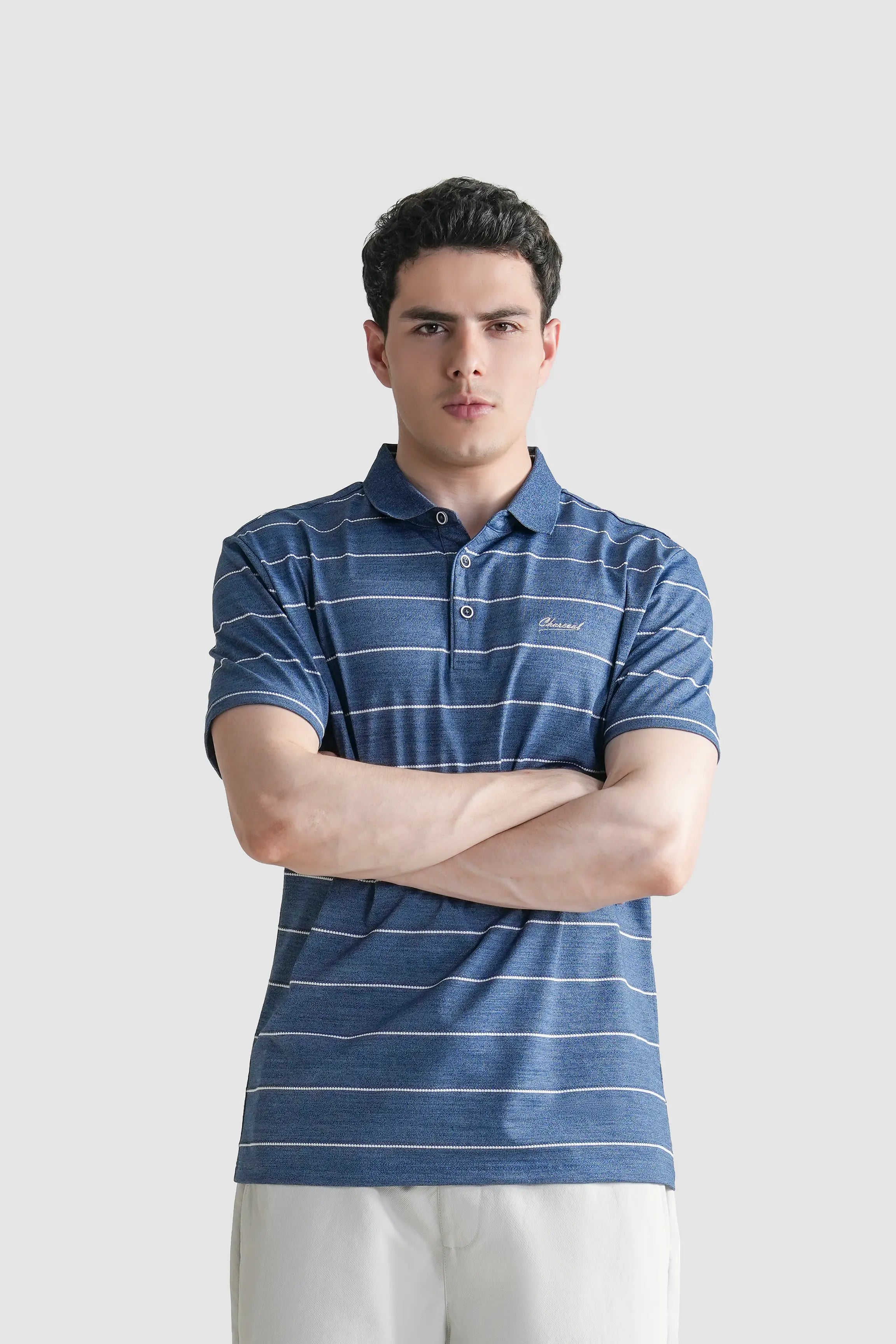Blue striped polo shirt with collar, button placket, and short sleeves