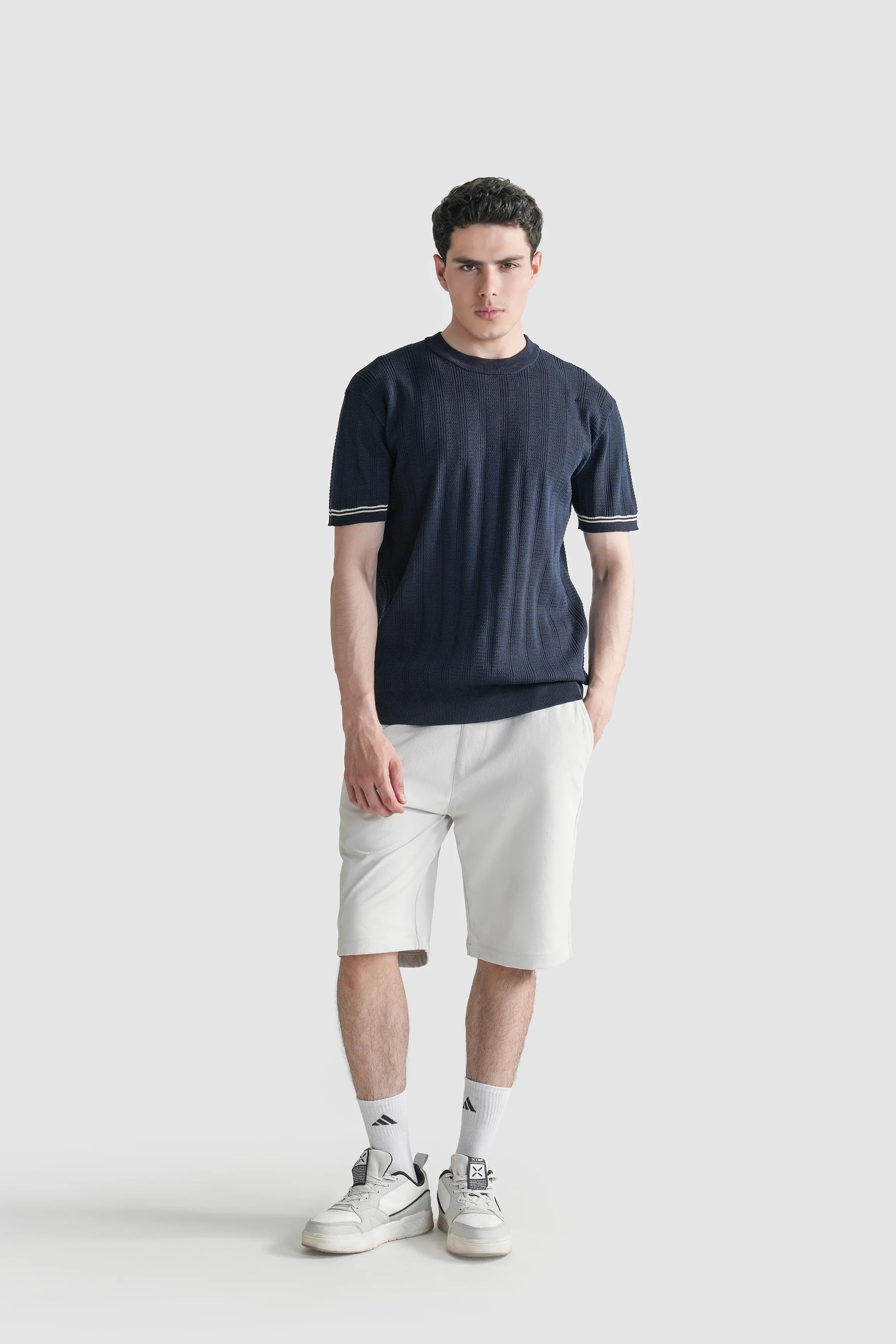 CABLE KNIT SELF TEXTURED CREW NECK T-SHIRT NAVY