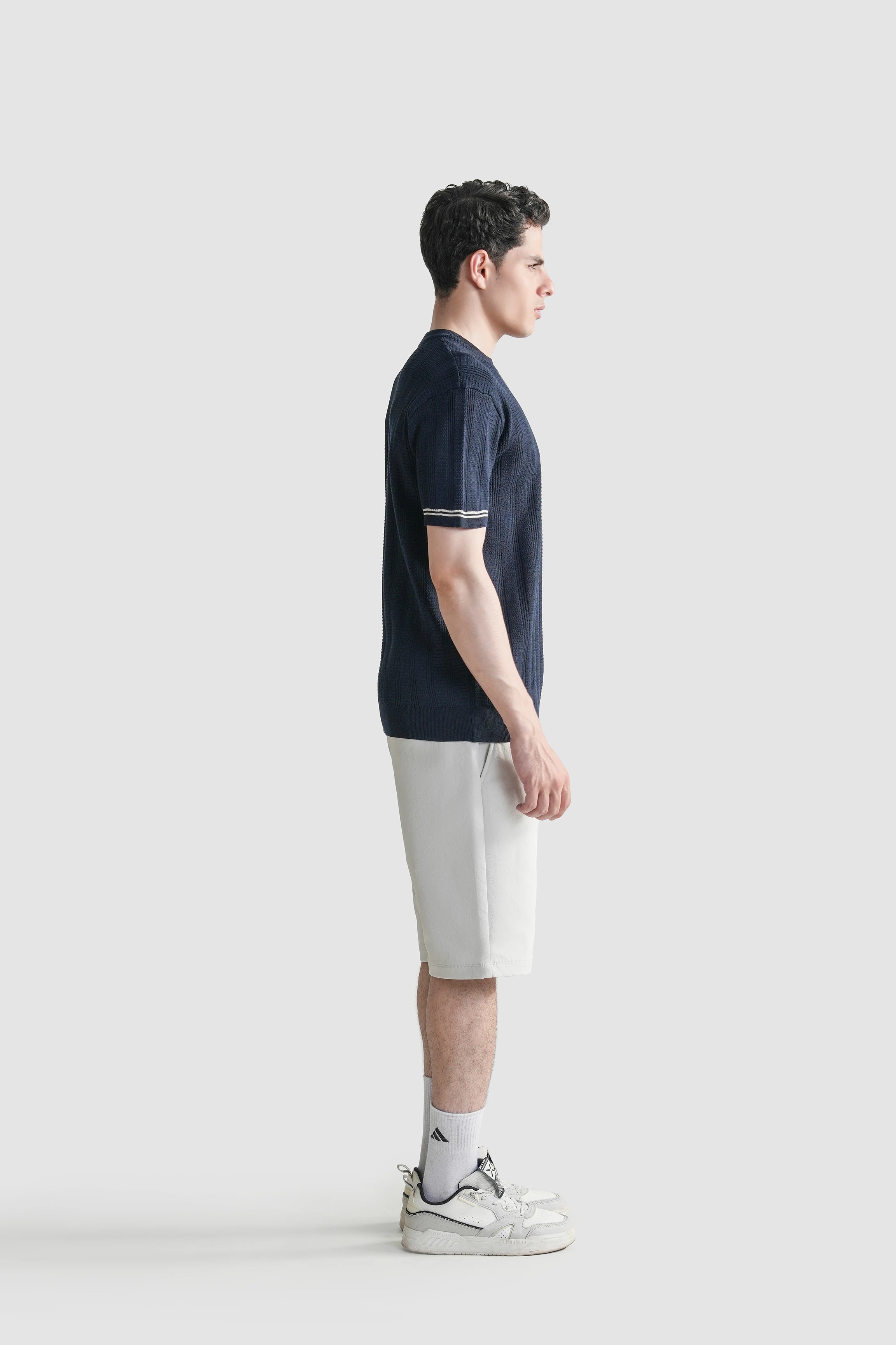 CABLE KNIT SELF TEXTURED CREW NECK T-SHIRT NAVY