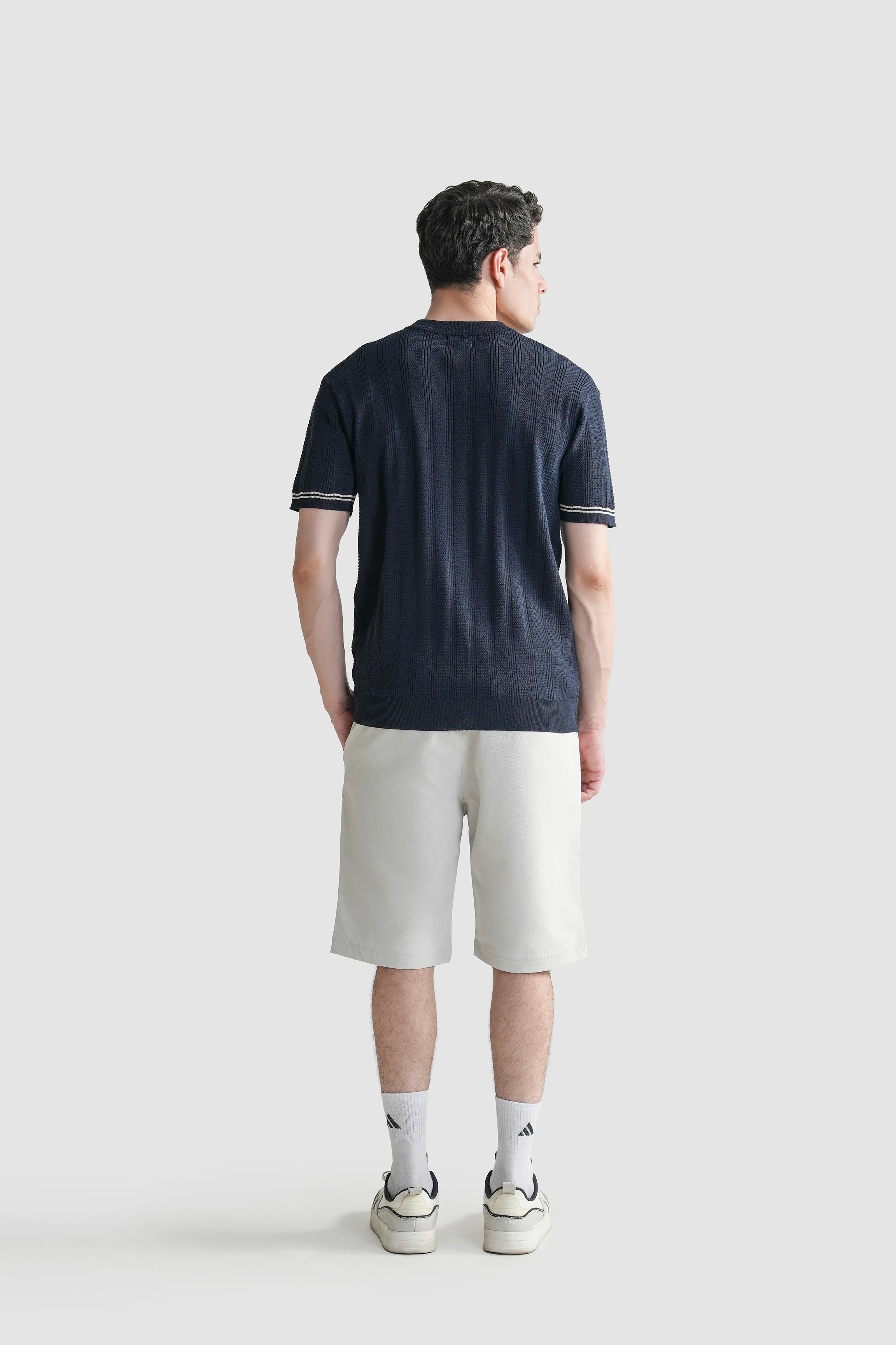 CABLE KNIT SELF TEXTURED CREW NECK T-SHIRT NAVY
