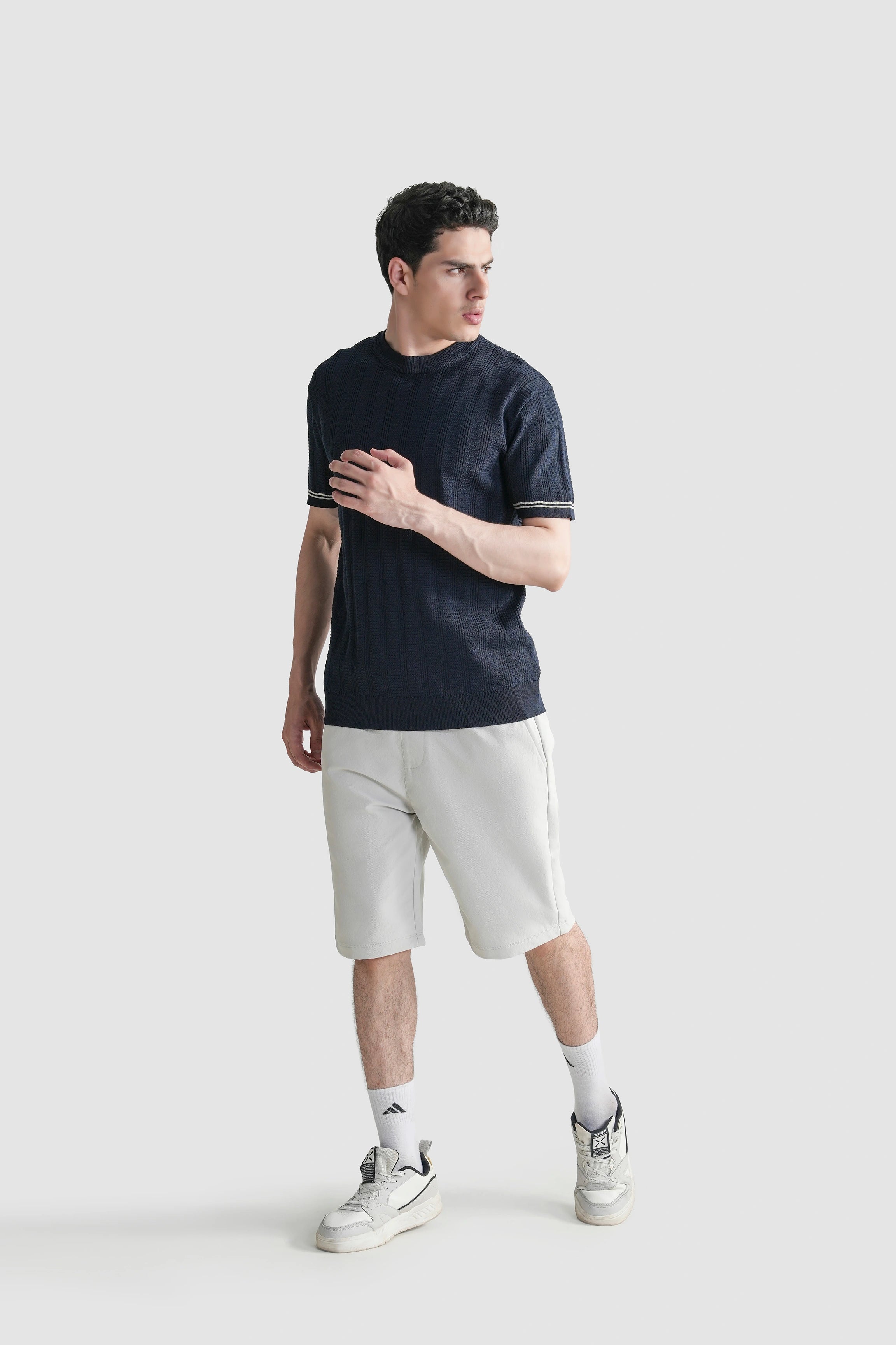 CABLE KNIT SELF TEXTURED CREW NECK T-SHIRT NAVY