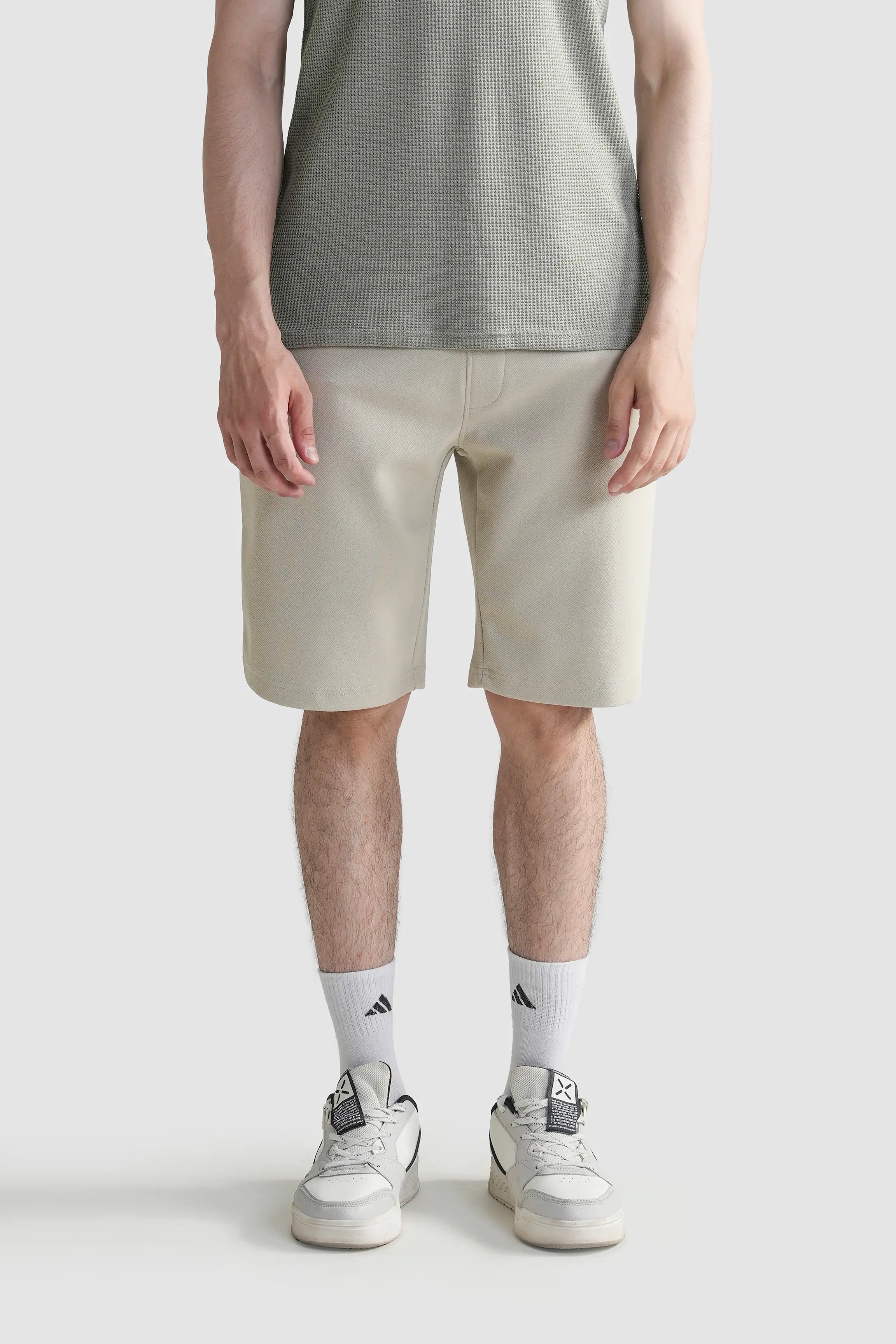 Men's stone regular-fit shorts with elastic waist and drawstring