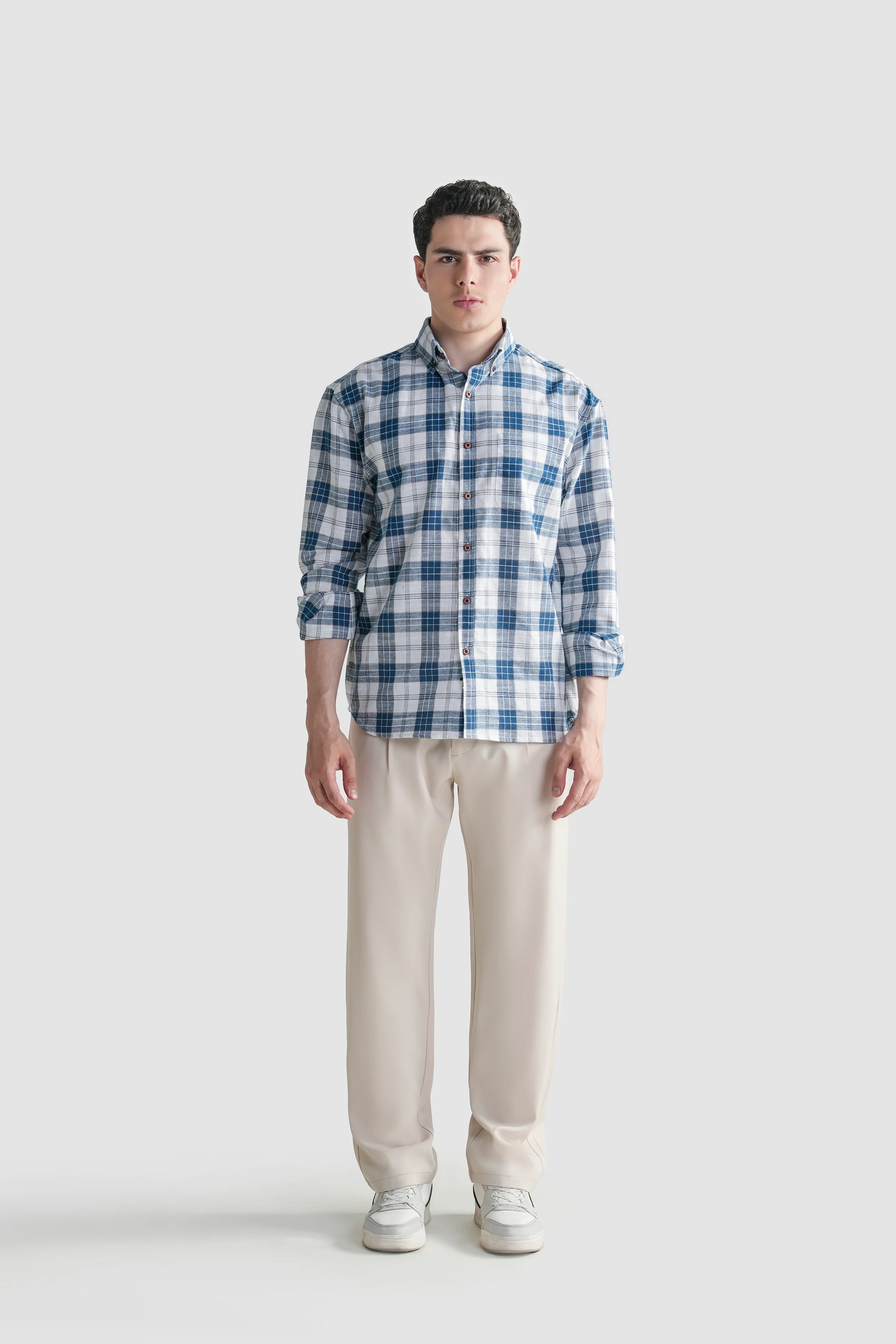 Mens navy and white plaid button-up casual shirt, long sleeves and collar