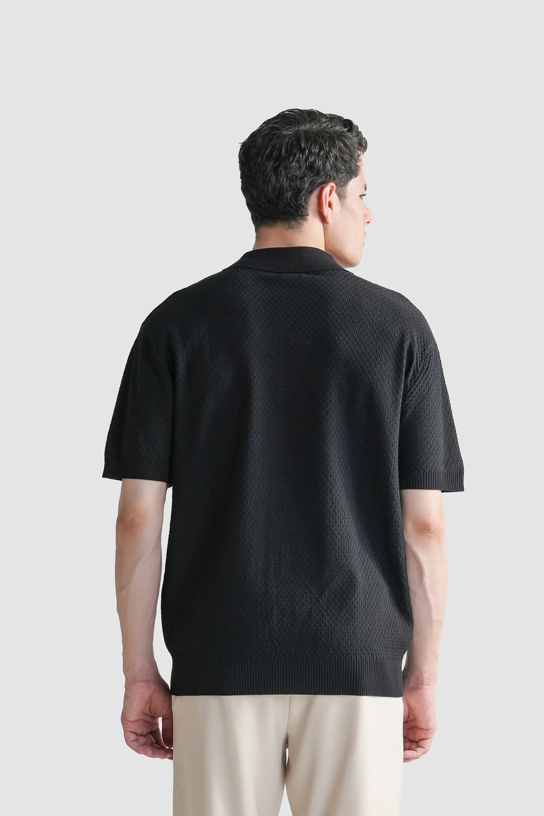 SWEATER KNIT SELF TEXTURED POLO BLACK