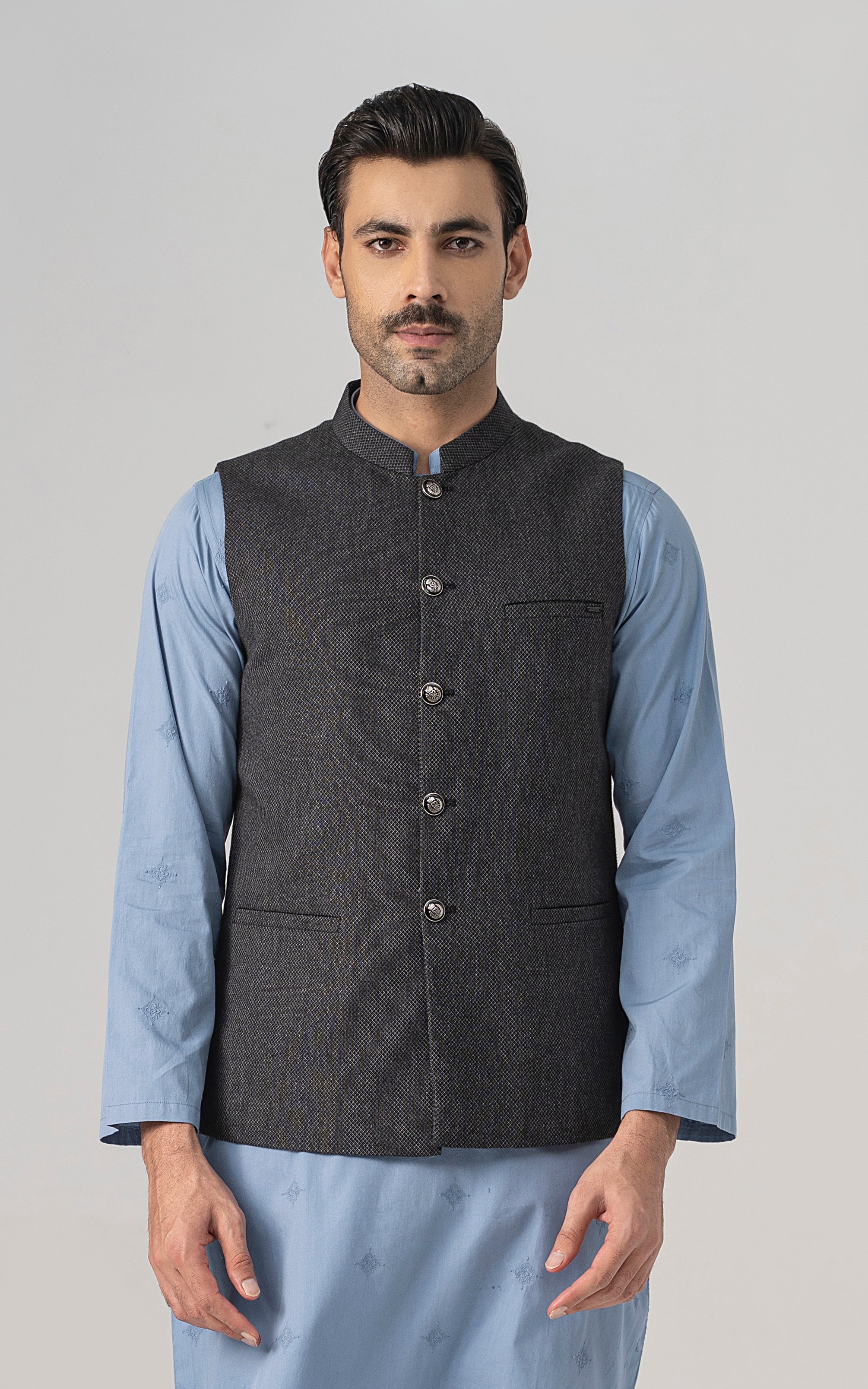 TEXTURED WOOL BLENDED WAISTCOAT - SIGNATURE COLLECTION CHARCOAL GREY