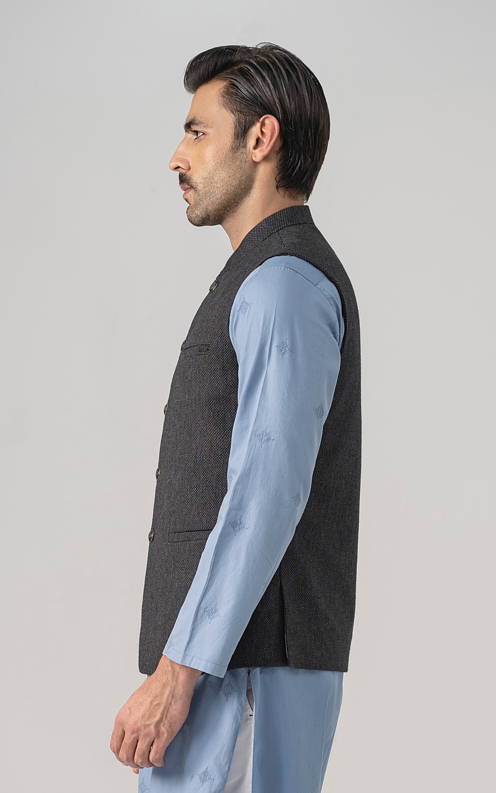 TEXTURED WOOL BLENDED WAISTCOAT - SIGNATURE COLLECTION CHARCOAL GREY