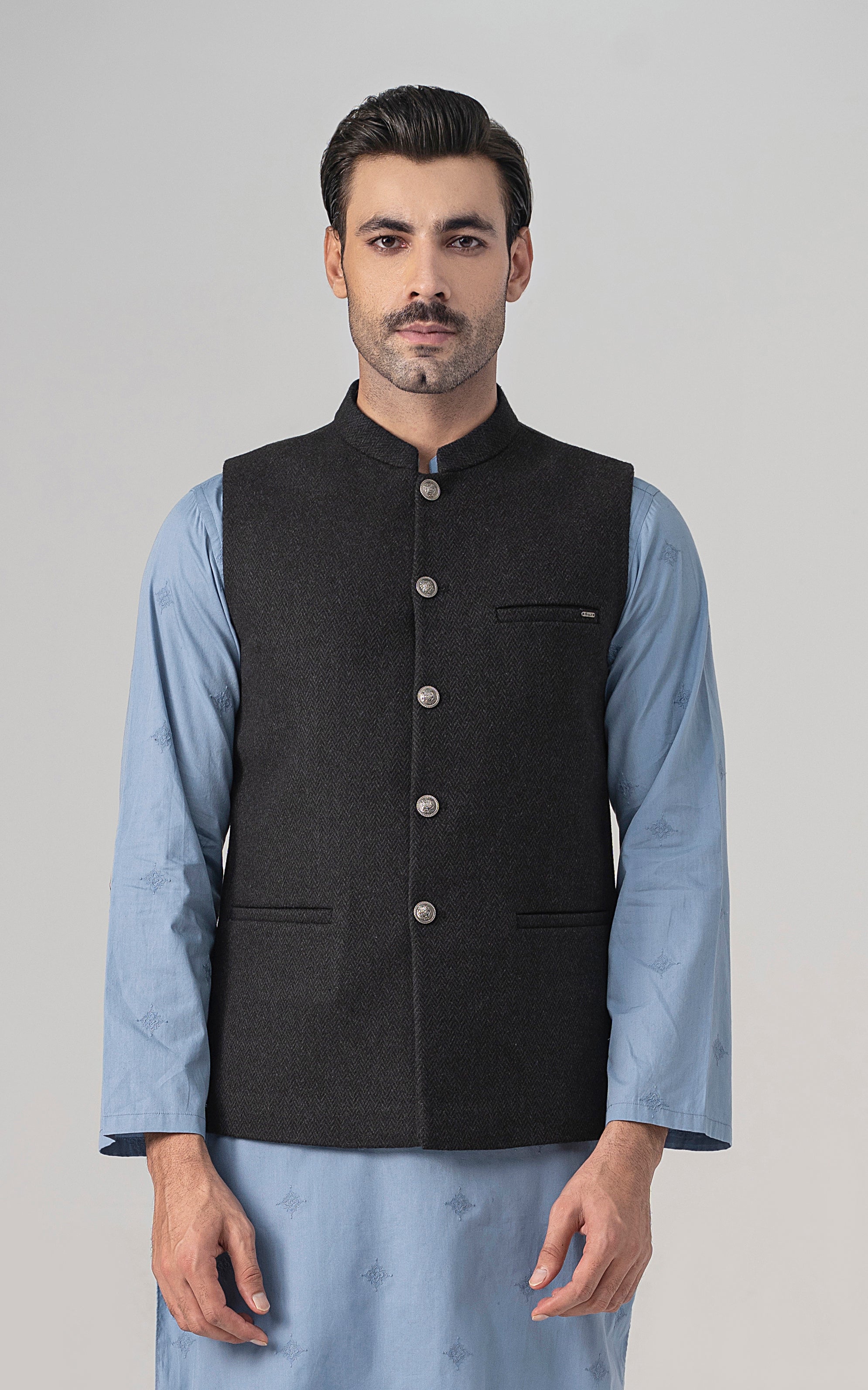 TEXTURED WOOL BLENDED WAISTCOAT - SIGNATURE COLLECTION DARK GREY