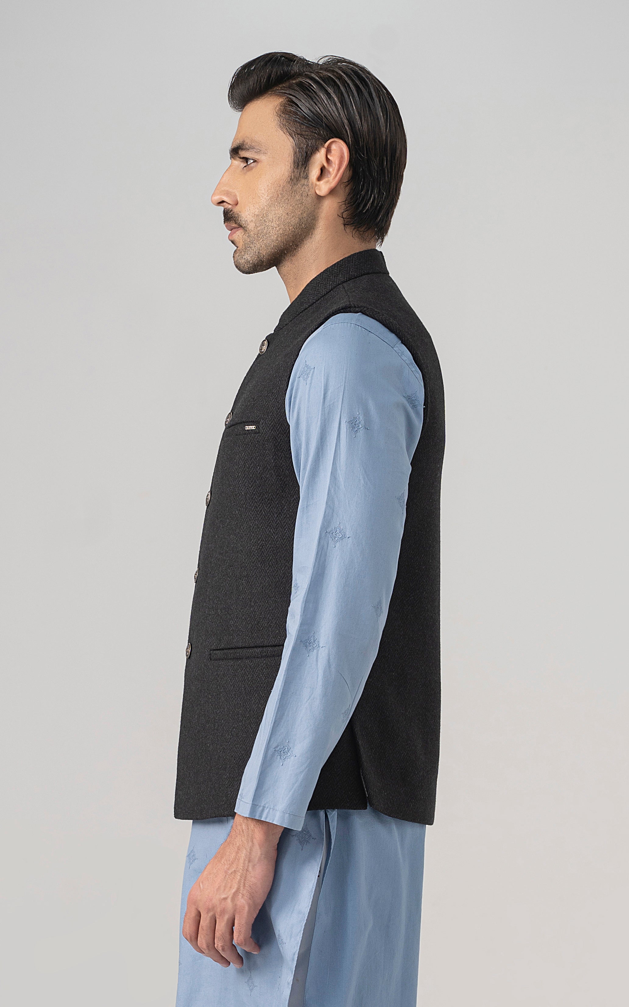 TEXTURED WOOL BLENDED WAISTCOAT - SIGNATURE COLLECTION DARK GREY