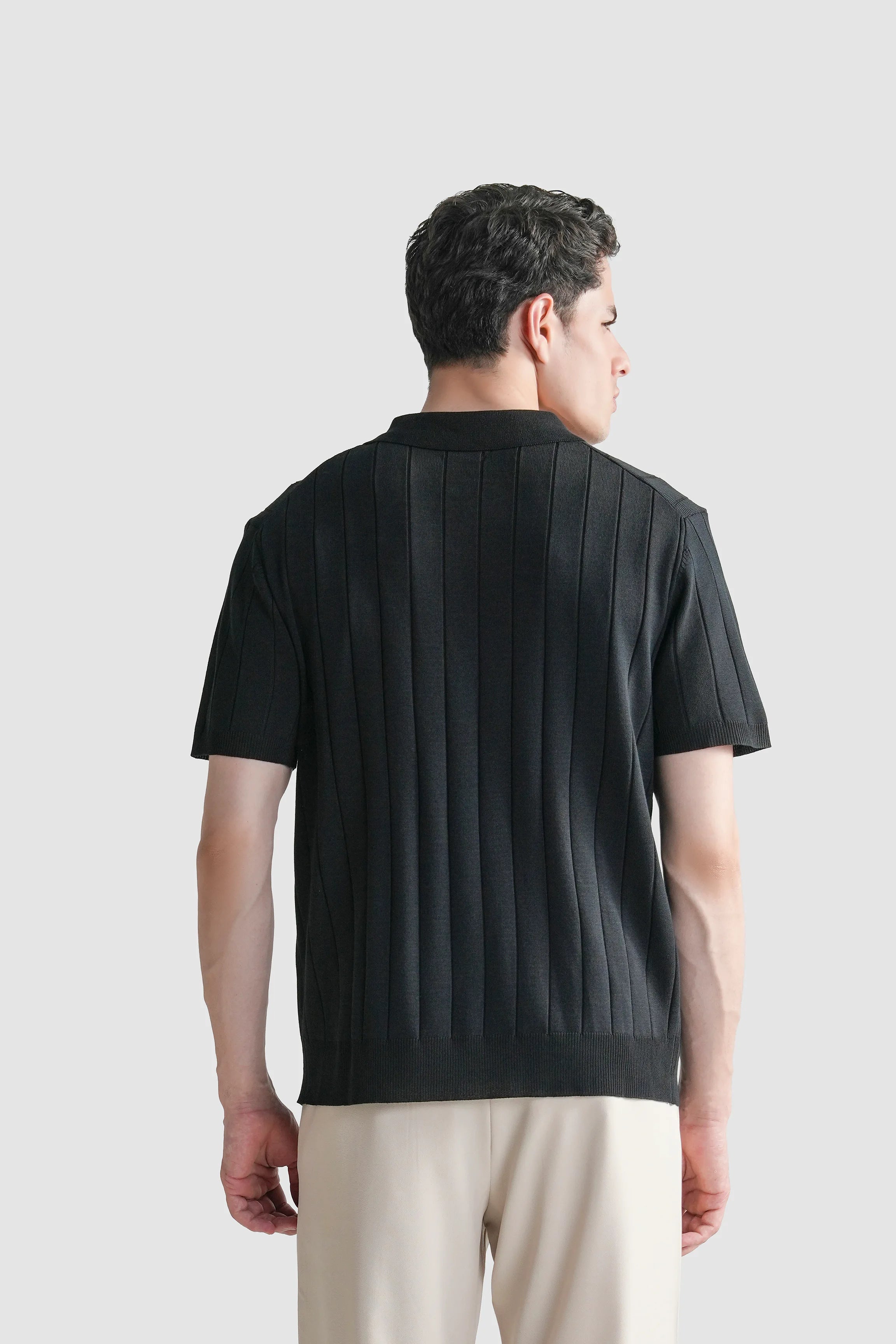HALF SLEEVE CABLE KNIT CASUAL SHIRT  BLACK
