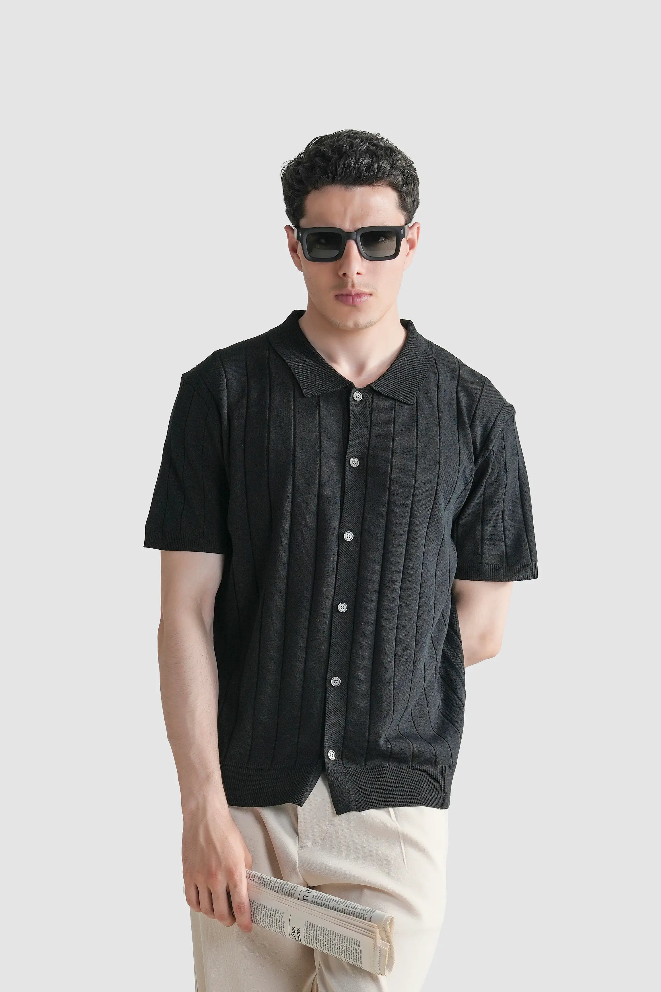 HALF SLEEVE CABLE KNIT CASUAL SHIRT  BLACK