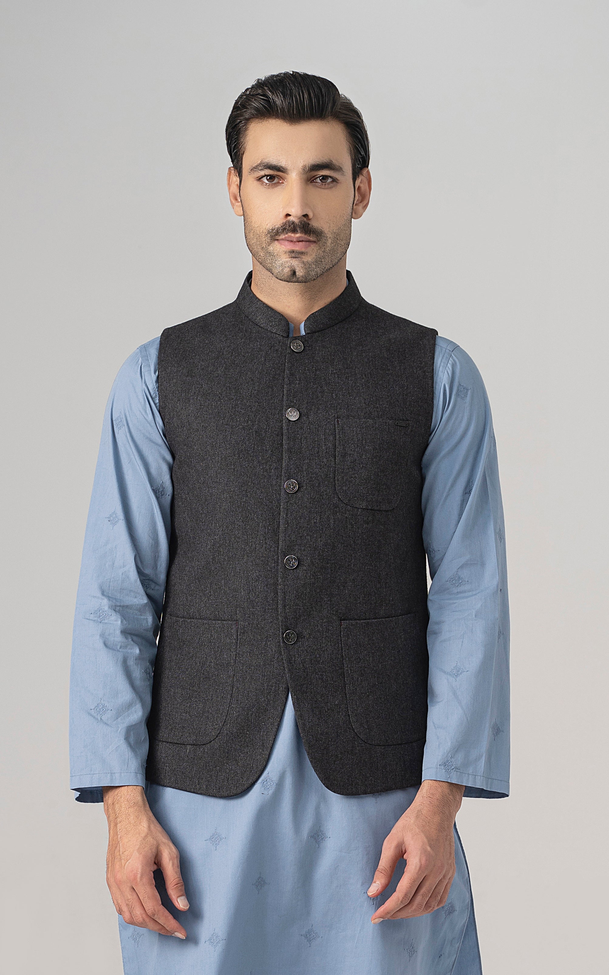 TEXTURED WOOL BLENDED WAISTCOAT -SIGNATURE COLLECTION   CHARCOAL GREY