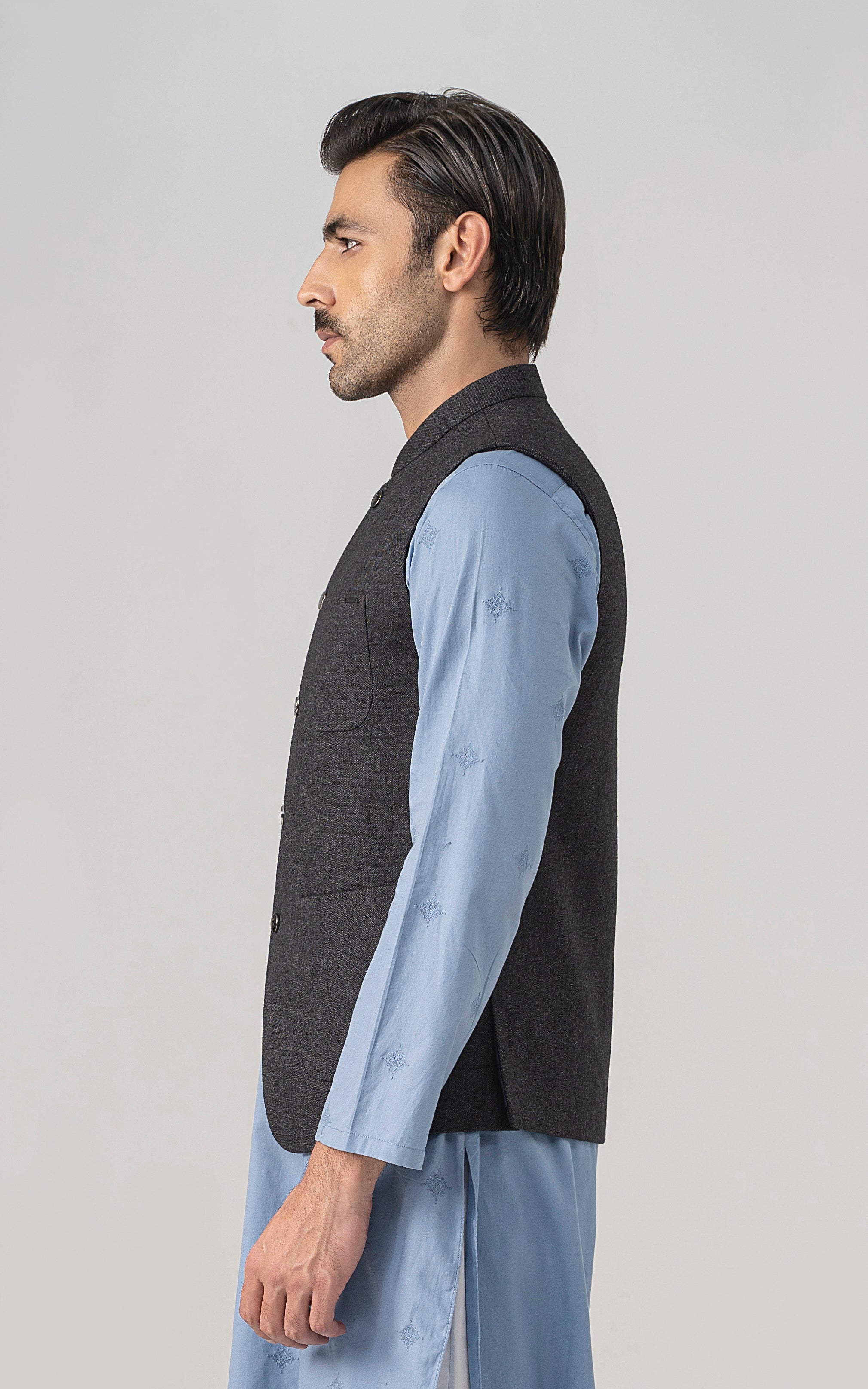 TEXTURED WOOL BLENDED WAISTCOAT -SIGNATURE COLLECTION   CHARCOAL GREY