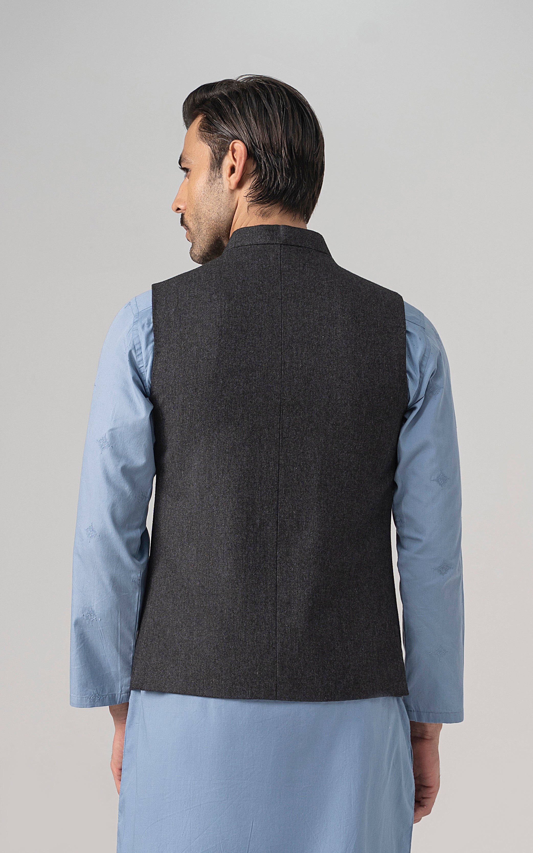 TEXTURED WOOL BLENDED WAISTCOAT -SIGNATURE COLLECTION   CHARCOAL GREY