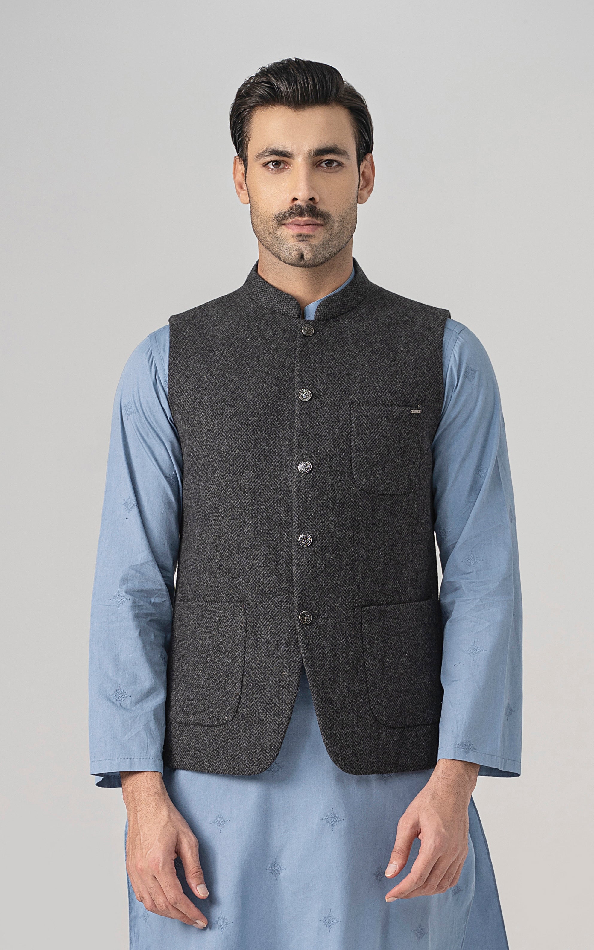 TEXTURED WOOL BLENDED WAISTCOAT - SIGNATURE COLLECTION  GREY