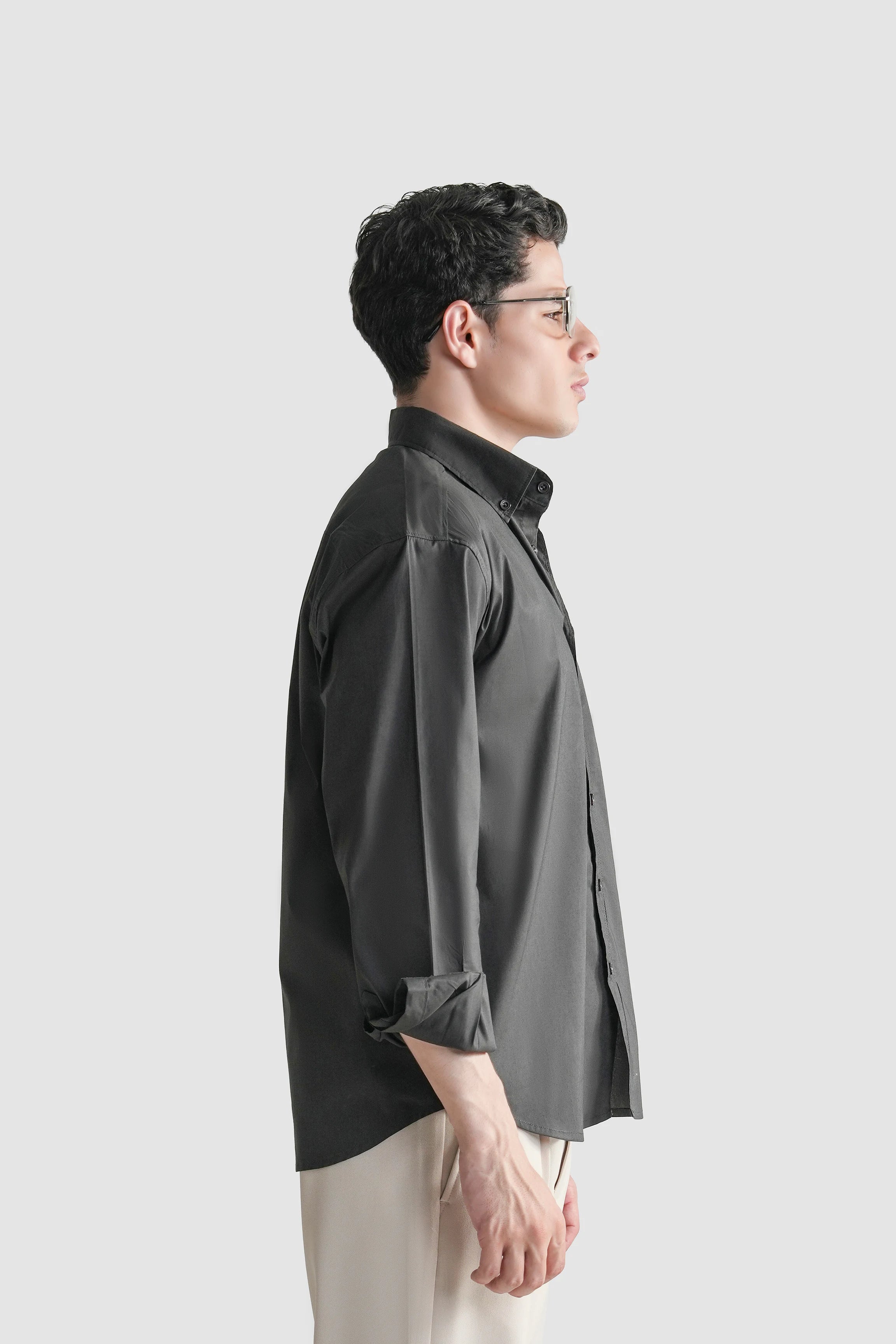 Regular-fit button-down casual shirt, dark charcoal, side view with cuff details