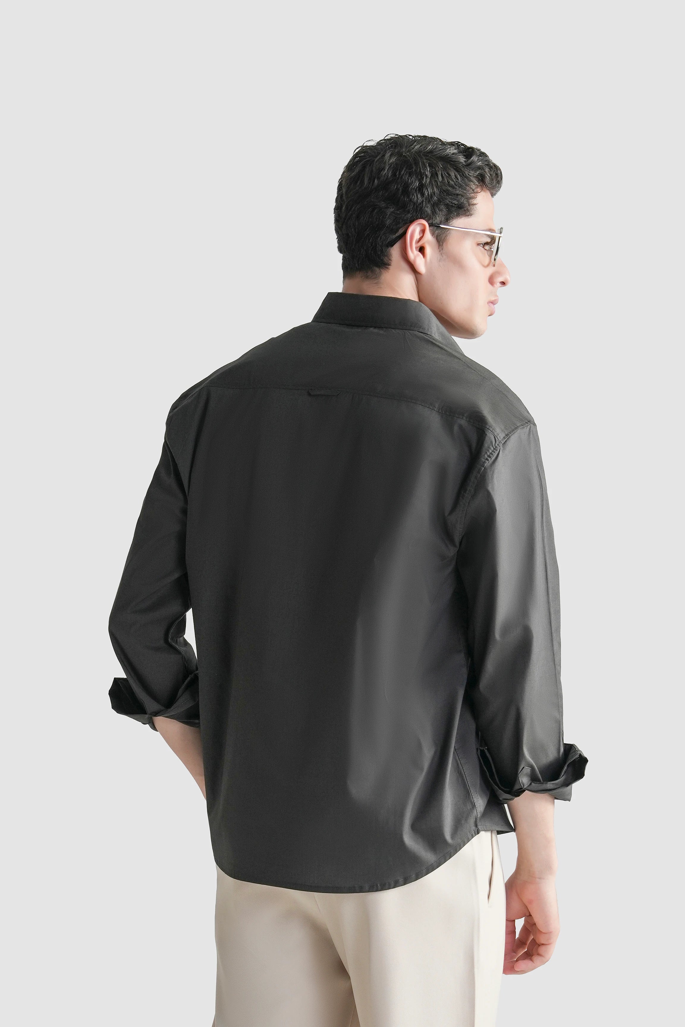 Regular-fit button-down casual shirt in dark charcoal, back view