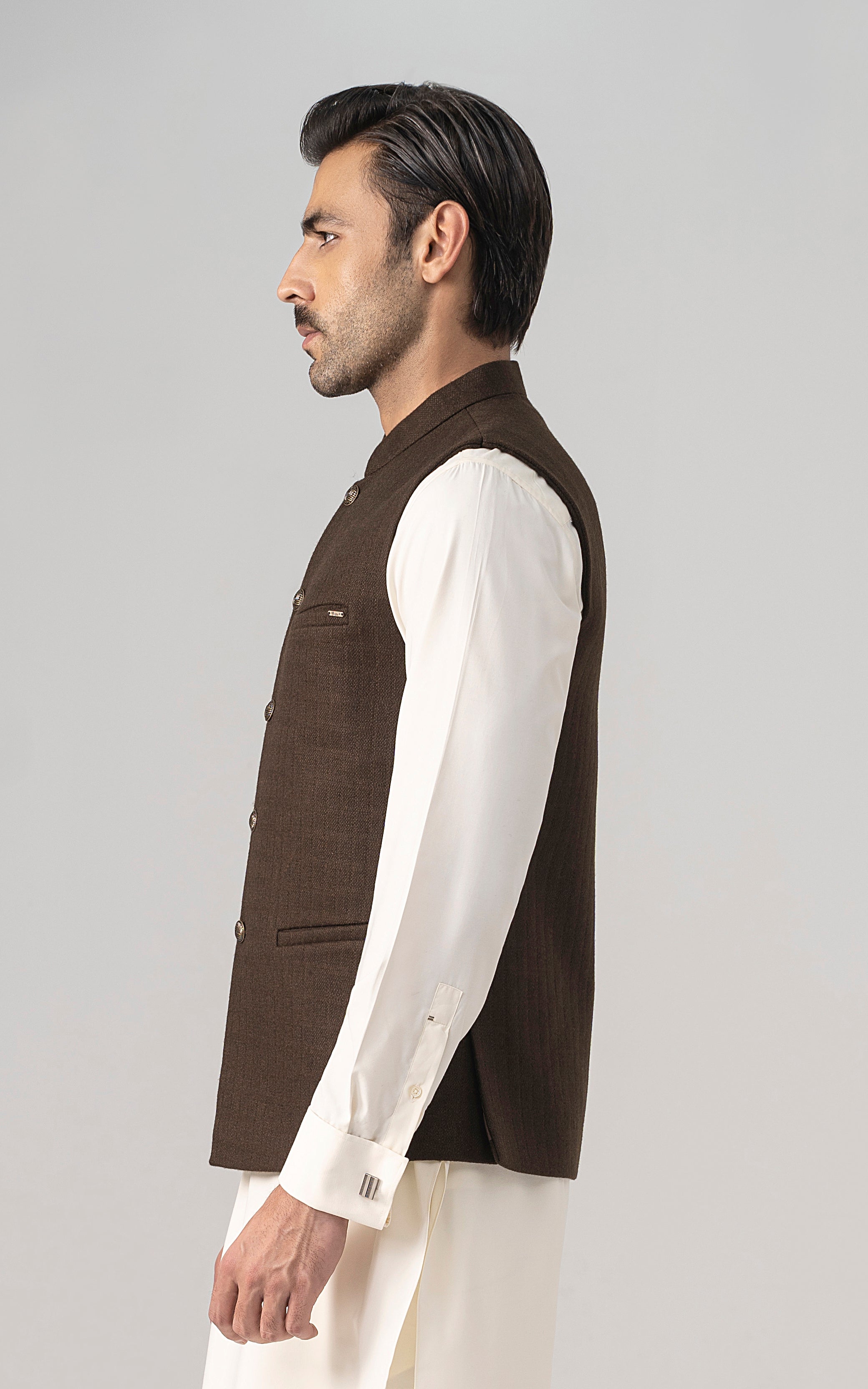 TEXTURED WOOL BLENDED WAISTCOAT - SIGNATURE COLLECTION MID BROWN