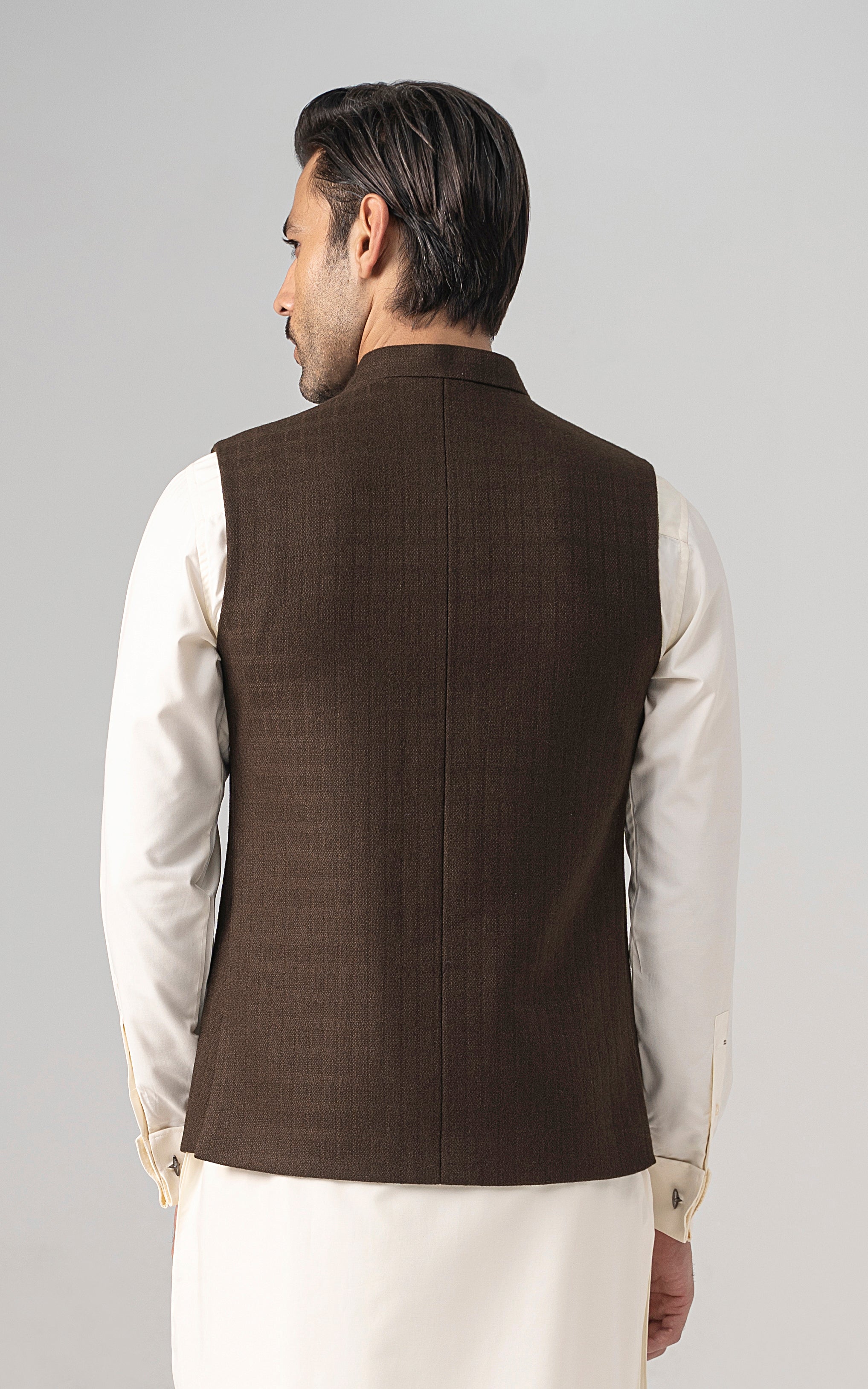 TEXTURED WOOL BLENDED WAISTCOAT - SIGNATURE COLLECTION MID BROWN