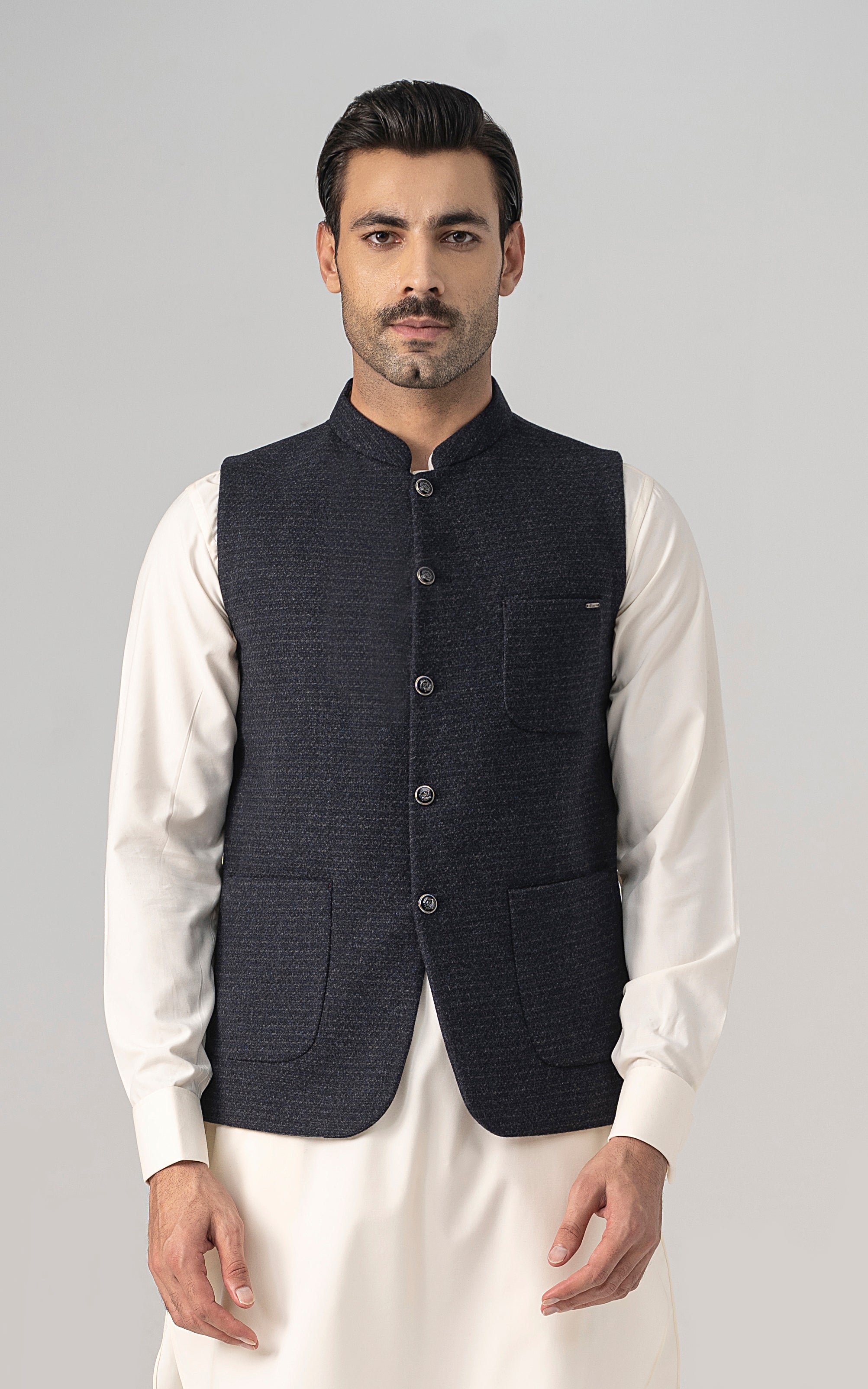 TEXTURED WOOL BLENDED WAISTCOAT -SIGNATURE COLLECTION BLUE