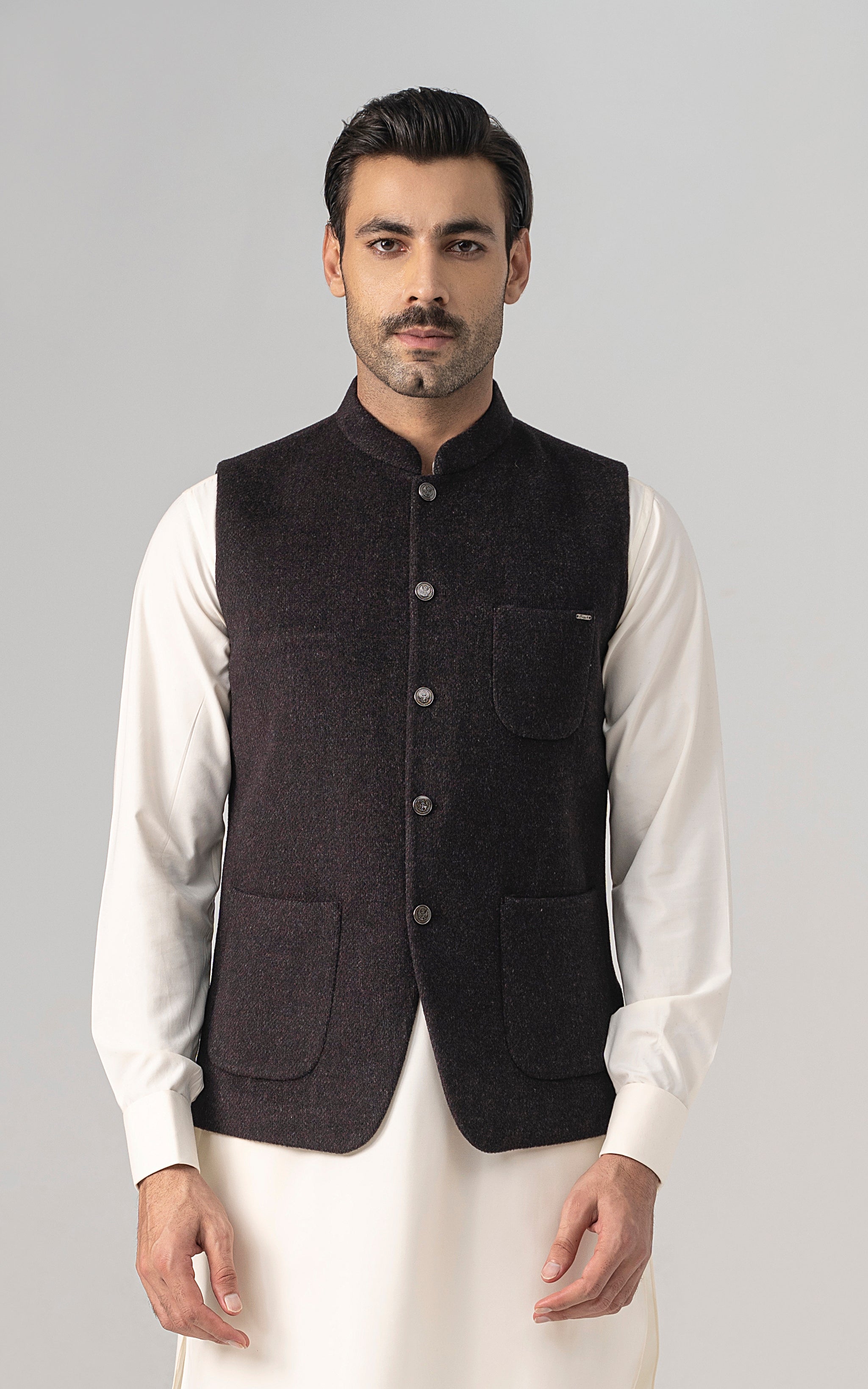 TEXTURED WOOL BLENDED WAISTCOAT - SIGNATURE COLLECTION  MAROON