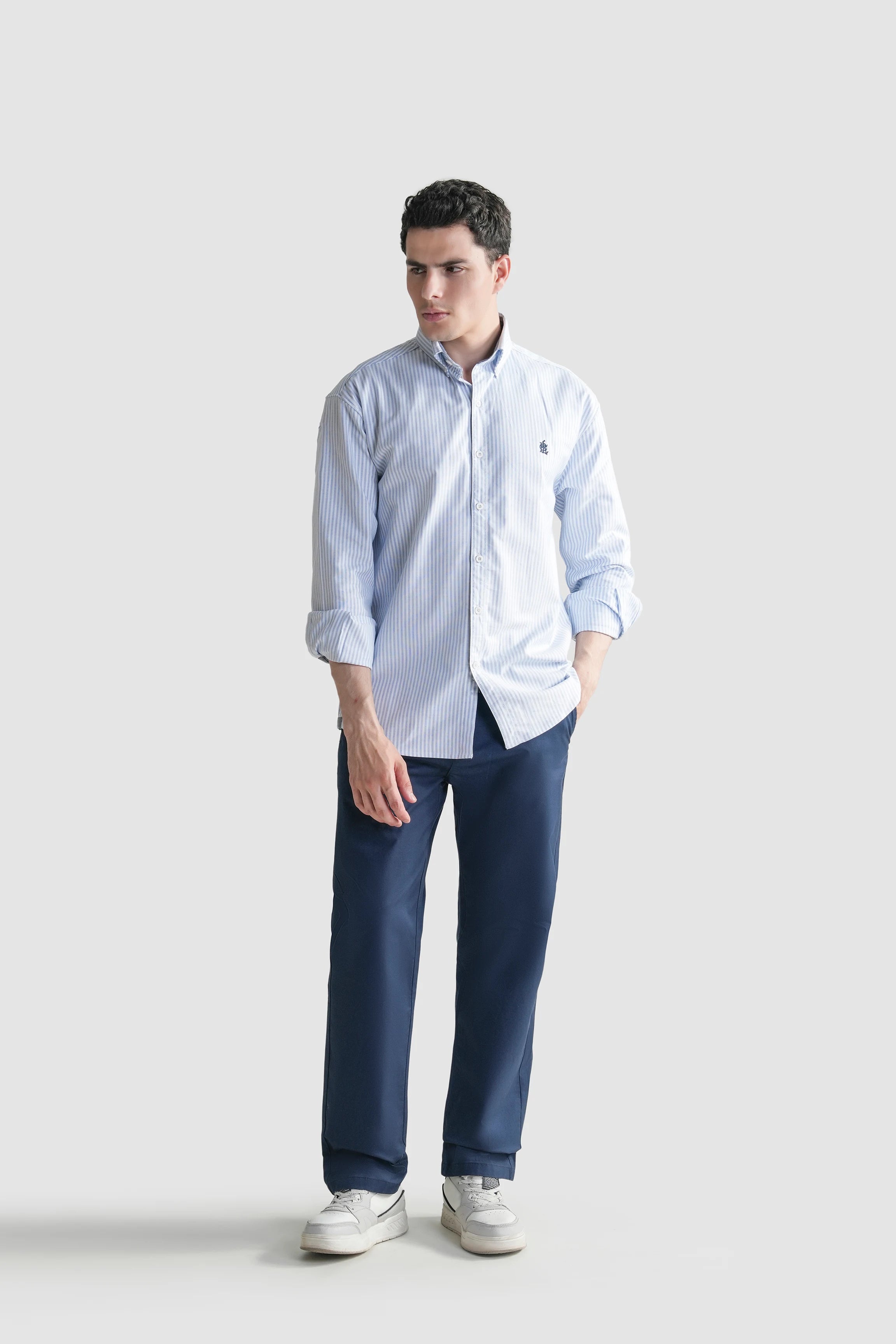 Men's light blue striped button-down casual shirt, full front view