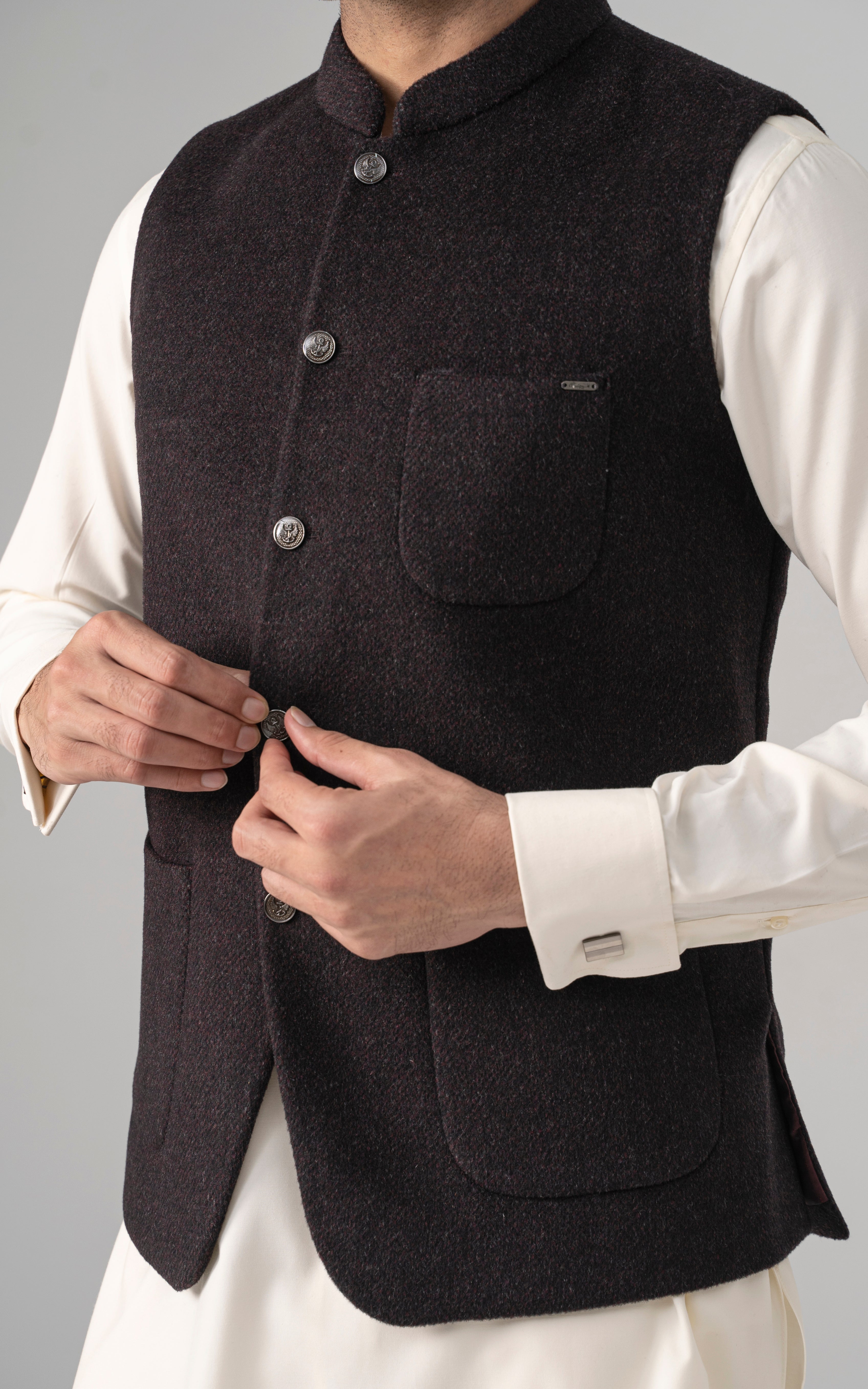 TEXTURED WOOL BLENDED WAISTCOAT - SIGNATURE COLLECTION  MAROON