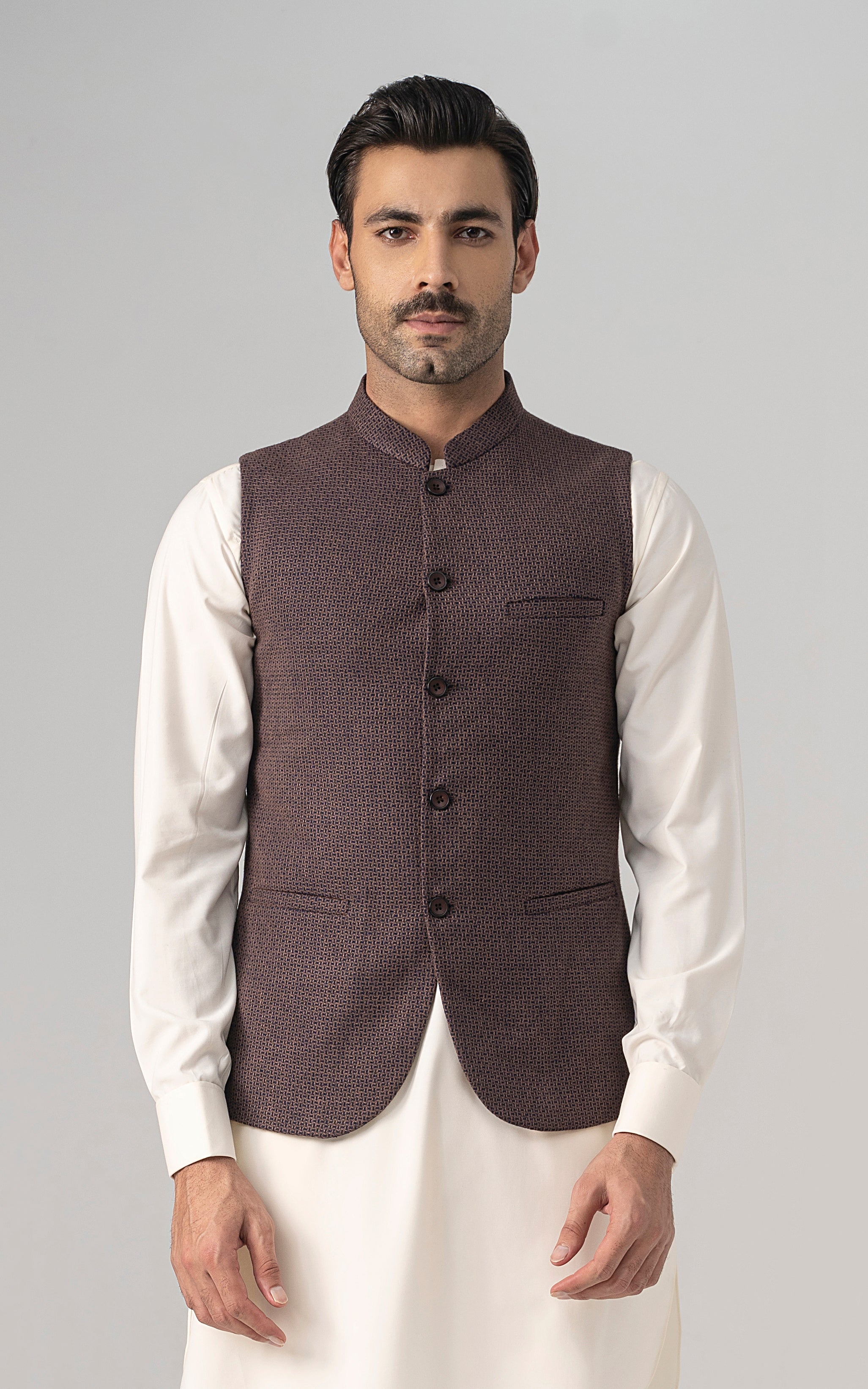 TEXTURED WOOL BLENDED WAISTCOAT - SIGNATURE COLLECTION BROWN NAVY