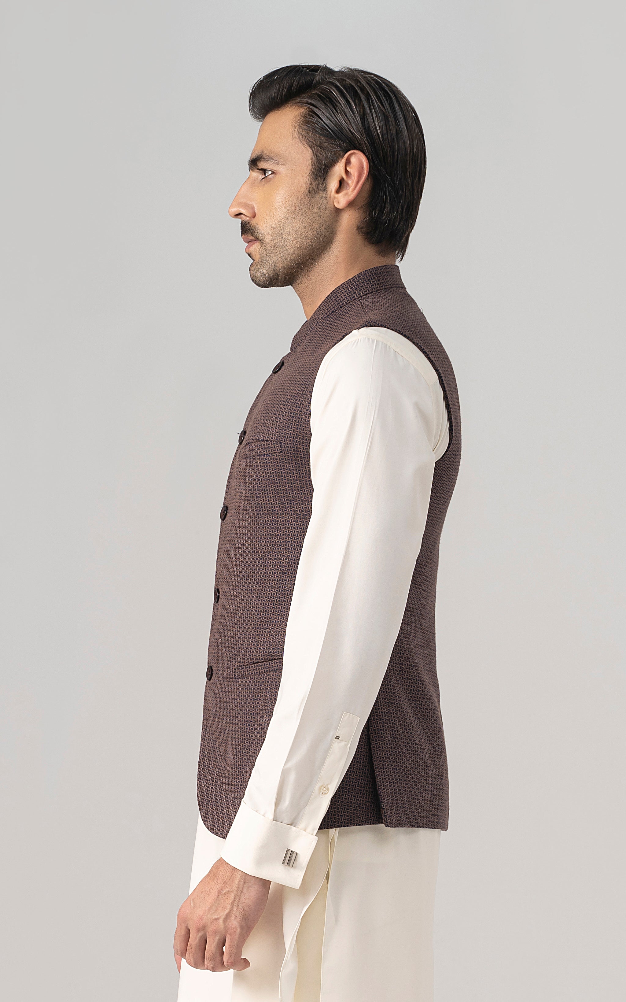 TEXTURED WOOL BLENDED WAISTCOAT - SIGNATURE COLLECTION BROWN NAVY