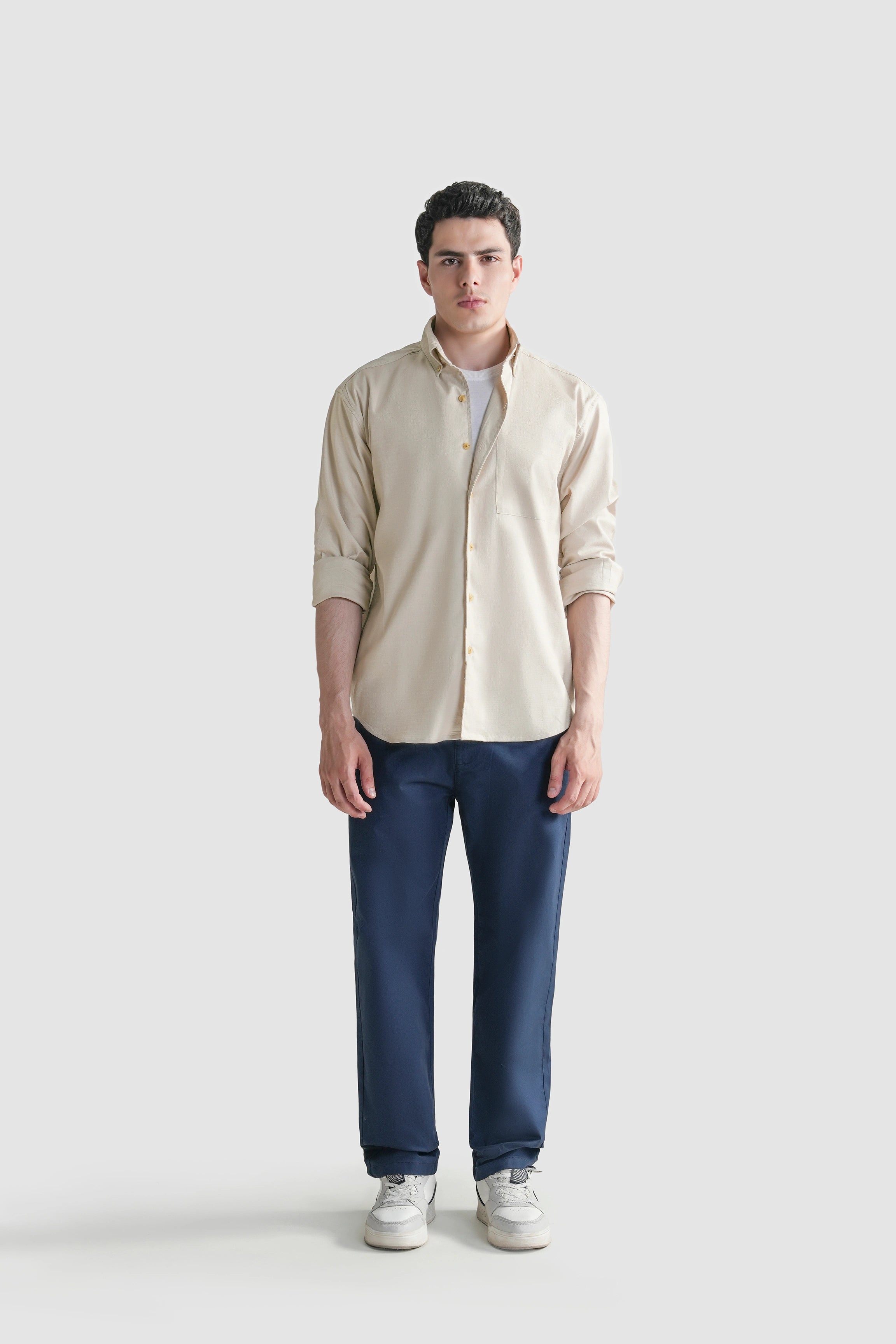 Light beige self-textured button-down casual shirt, long sleeves, chest pocket